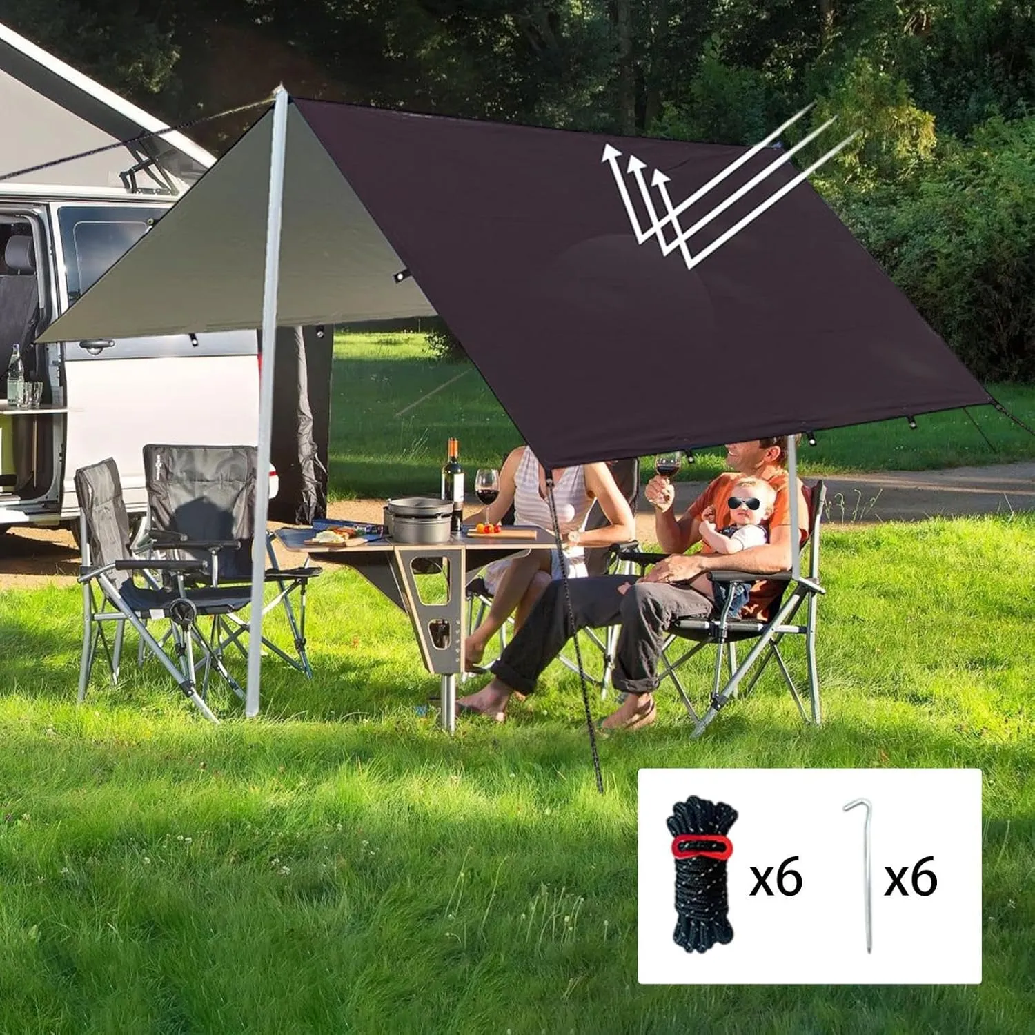 Camping Tent Tarp Sun Canopy with 6 Stakes and 6 Ropes Waterproof Multifunctional for RV Car Truck Side Shade Lightweight, Black L