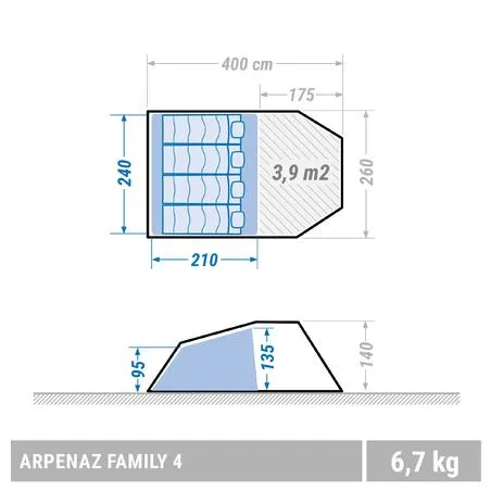 Camping tent with poles - arpenaz 4 - 4 person - 1 bedroom