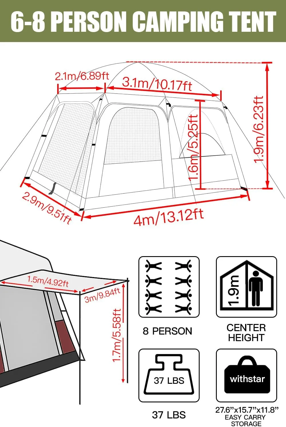 Camping Tents, 4-8 Person Stand Up Tent, Straight-Wall Design,with Full-Coverage PU-Coated All-Around Tents for Camping, Hiking, Picnic, Bivy