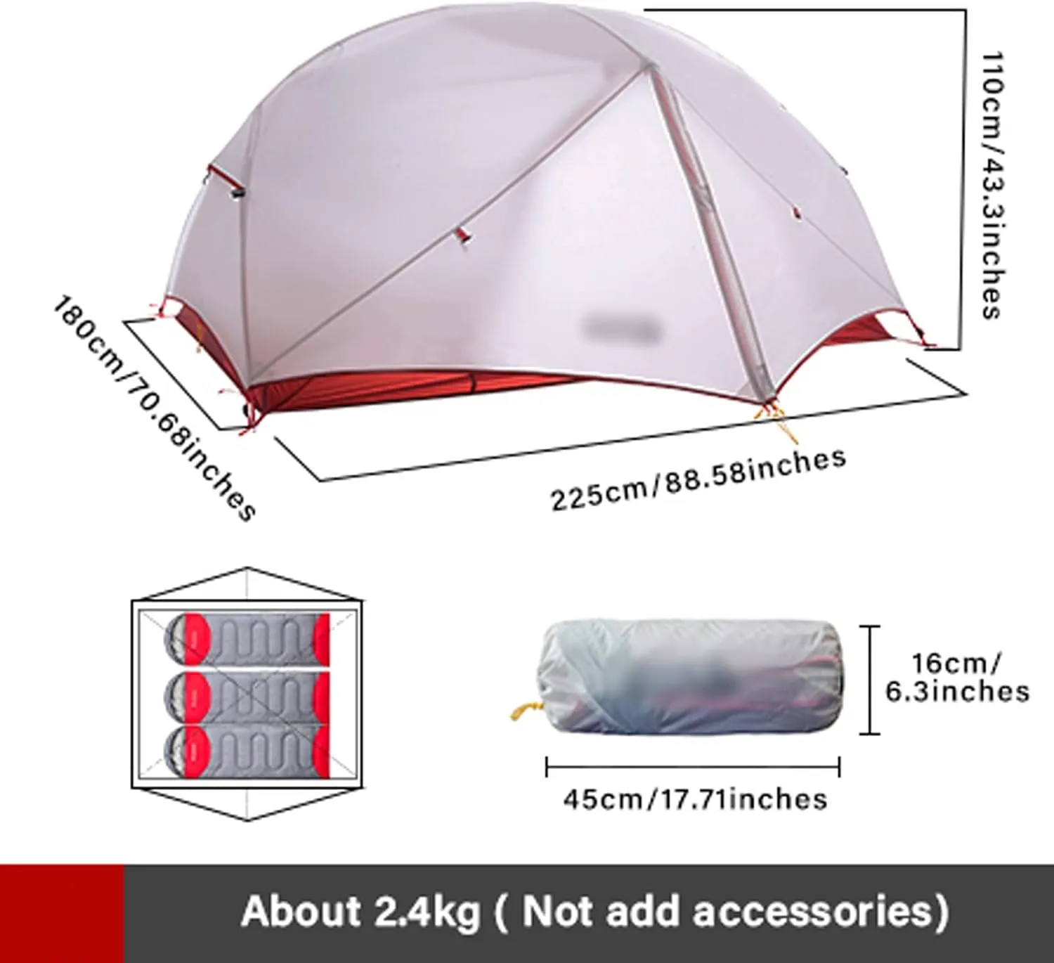 Camping Tents,3 Persons Camping Tent Ultralight 20d Nylon Double Layer Waterproof Backpacking Tent for Hiking Travel with Free Mat (Color : Gray, Size : 220 * 180 * 110cm)