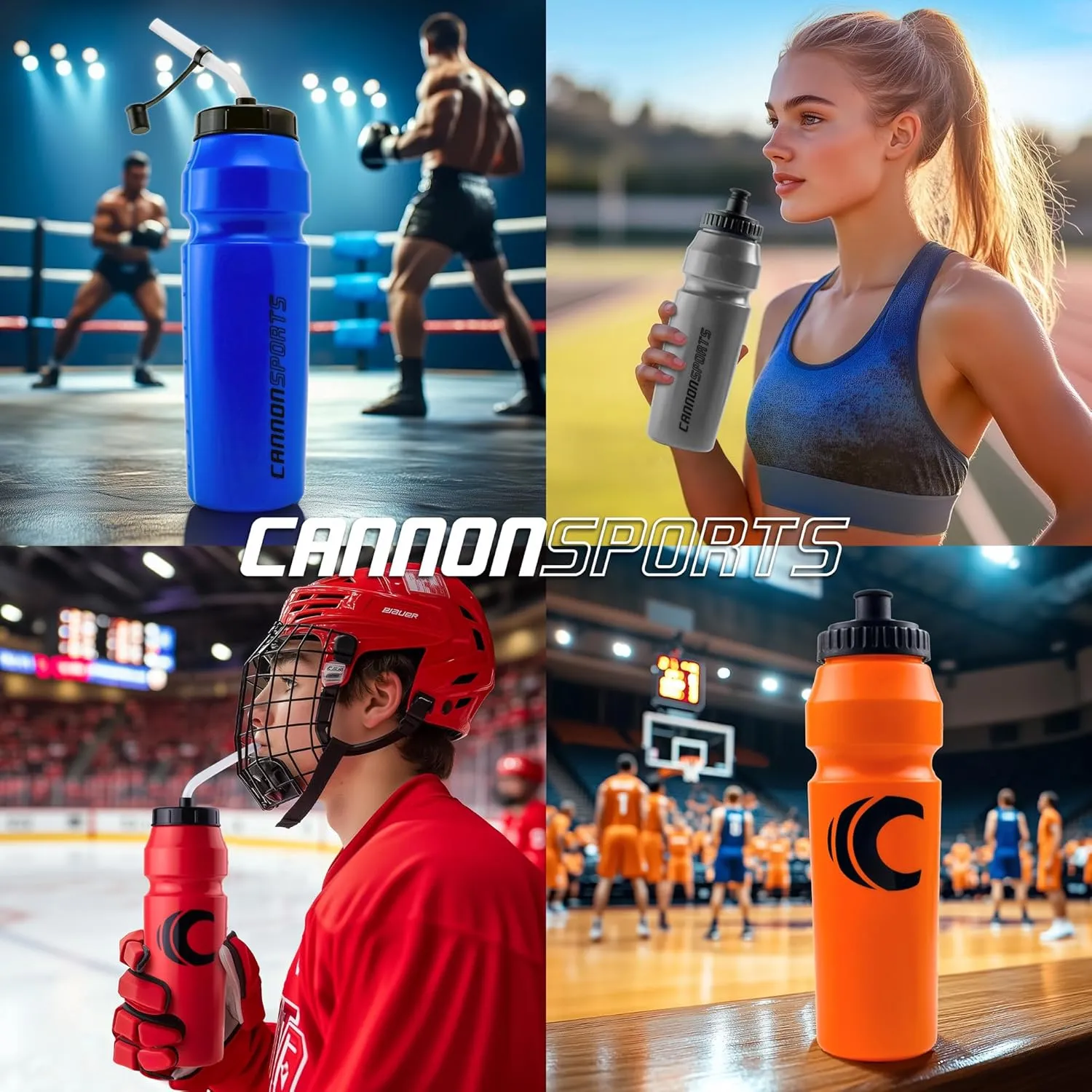 Cannon Sports 1 Liter Sports Water Bottle, BPA-Free, 34 Oz Capacity, Large Mouth, 2 lids (Straw and Squeeze), Great For Helmet Sports Such As Hockey, Lacrosse, Football, Boxing (6 Pack) (Gray)