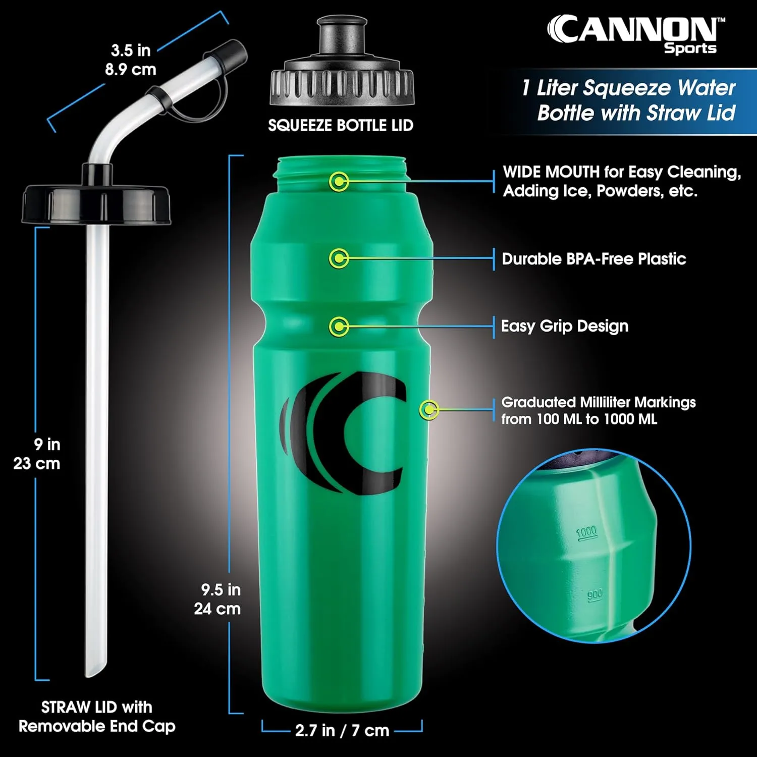 Cannon Sports 1 Liter Sports Water Bottle, BPA-Free, 34 Oz Capacity, Large Mouth, 2 lids (Straw and Squeeze), Great For Helmet Sports Such As Hockey, Lacrosse, Football, Boxing (6 Pack) (Green)