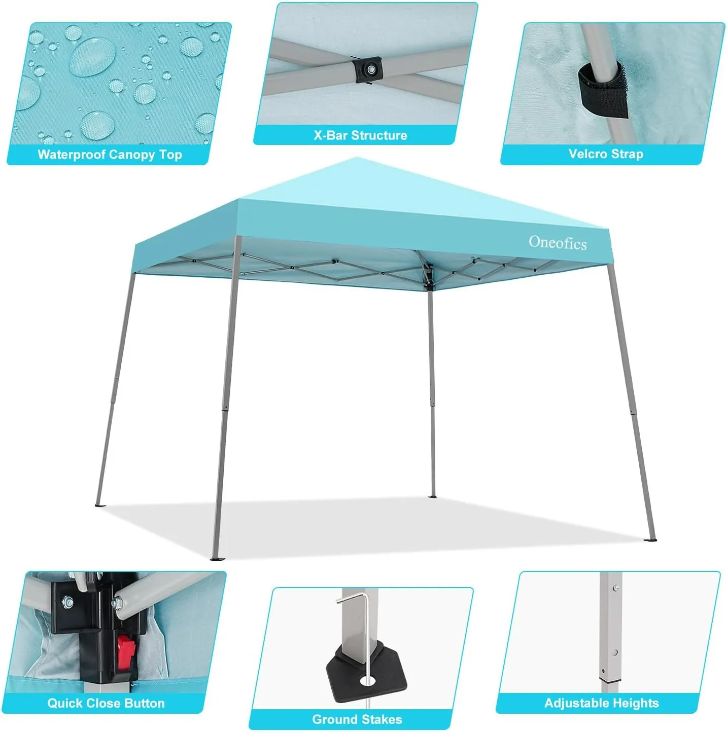 Canopy Tent, 10X10 FT Pop Up Canopy Outdoor Instant Tent Slant Legs with Carrying Bag, Portable Gazebo Shelter for Patio Deck Garden and Beach - 8X8 FT Canopy Cover (Cyan Blue)