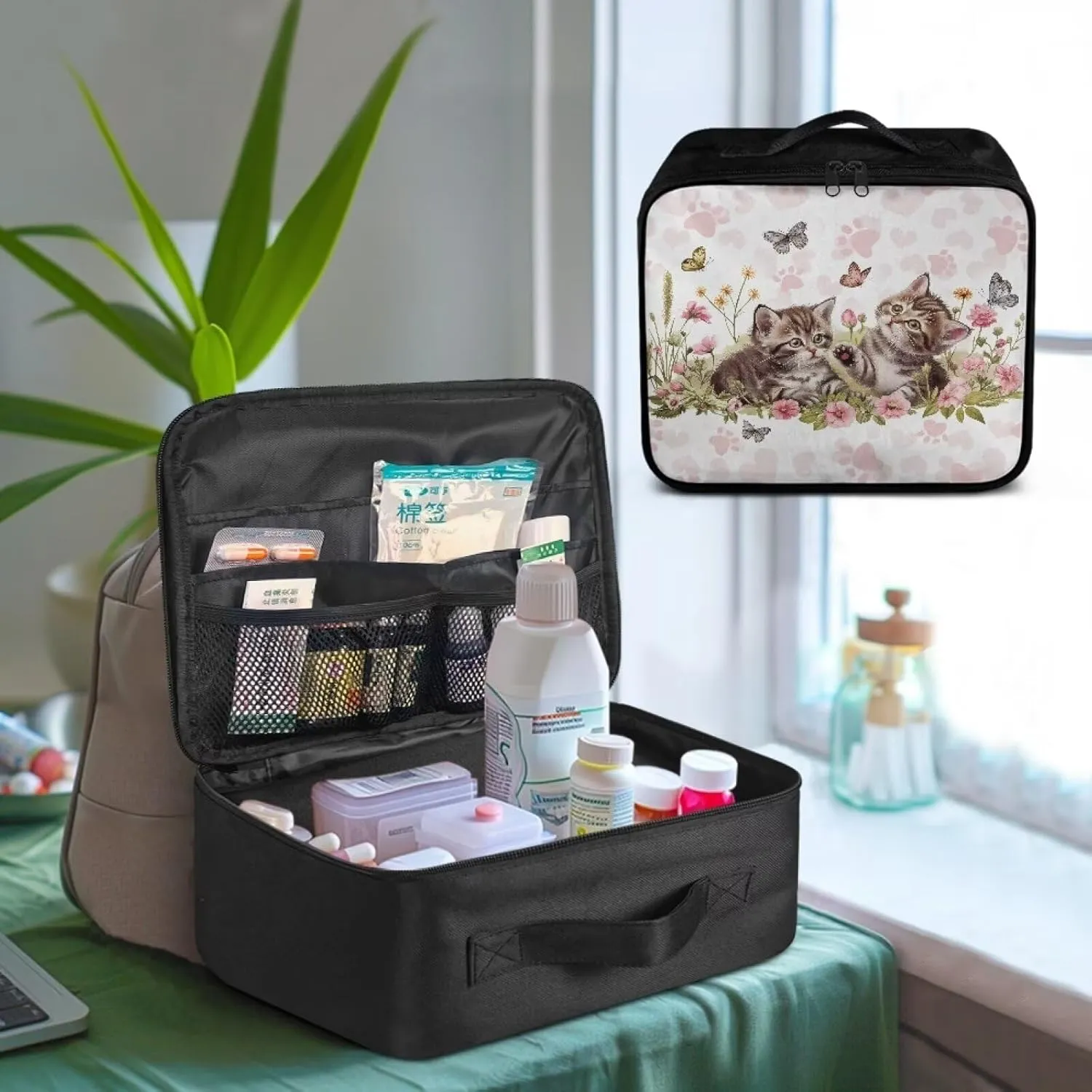 Cat Cute Small First Aid Kit Travel Bag Empty Butterfly First Aid Pouch Travel Medical Supplies Organizer Bag Trauma Kit for Traveling Hiking Camping Backpacking Cycling