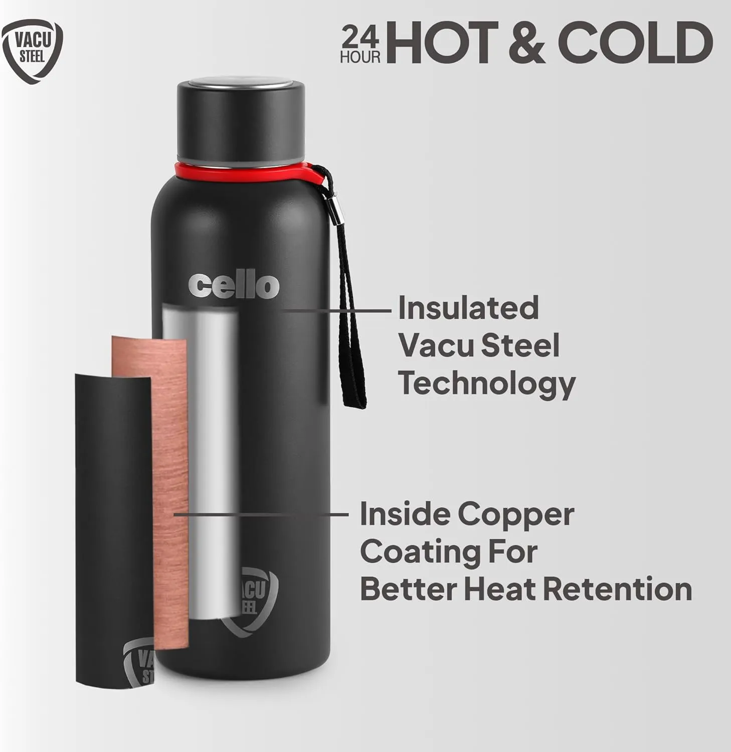 Cello Duro Tuff Steel Stainless Kent Flask | Hot and Cold Stainless Steel Water Bottle | Leak Proof | Scratch Resistant | Vacuum Insulated Bottle for Travel, Home, Office (25oz, Black)
