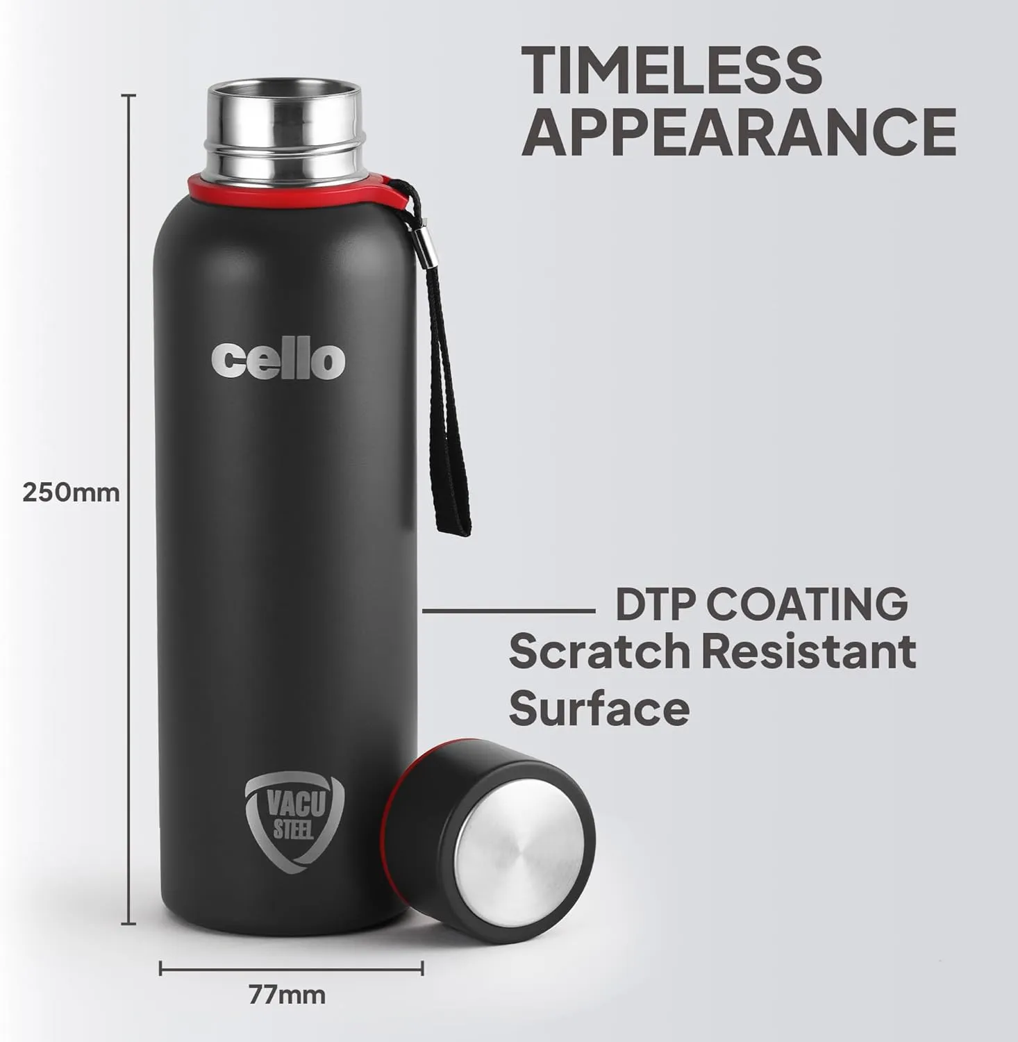 Cello Duro Tuff Steel Stainless Kent Flask | Hot and Cold Stainless Steel Water Bottle | Leak Proof | Scratch Resistant | Vacuum Insulated Bottle for Travel, Home, Office (25oz, Black)