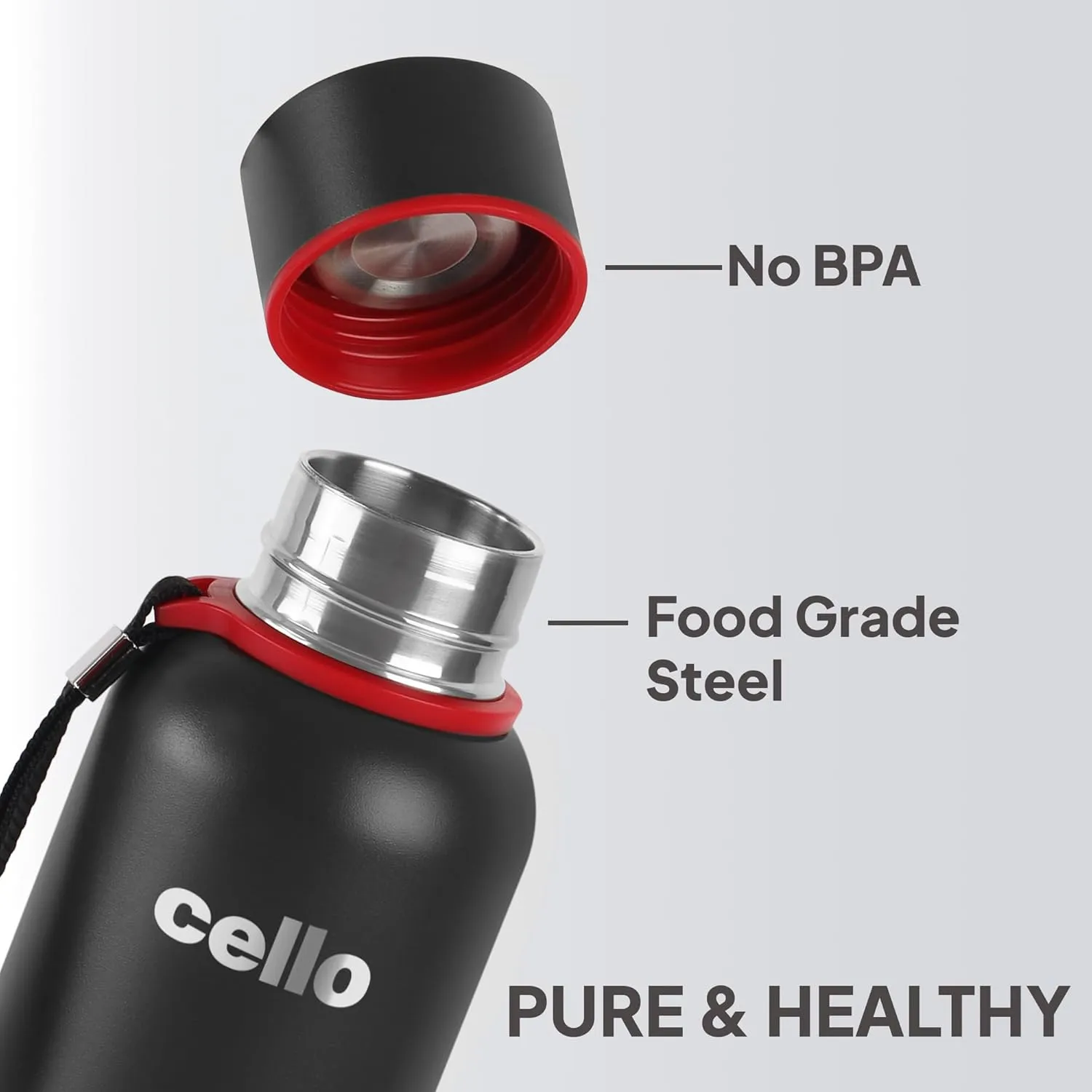 Cello Duro Tuff Steel Stainless Kent Flask | Hot and Cold Stainless Steel Water Bottle | Leak Proof | Scratch Resistant | Vacuum Insulated Bottle for Travel, Home, Office (25oz, Black)