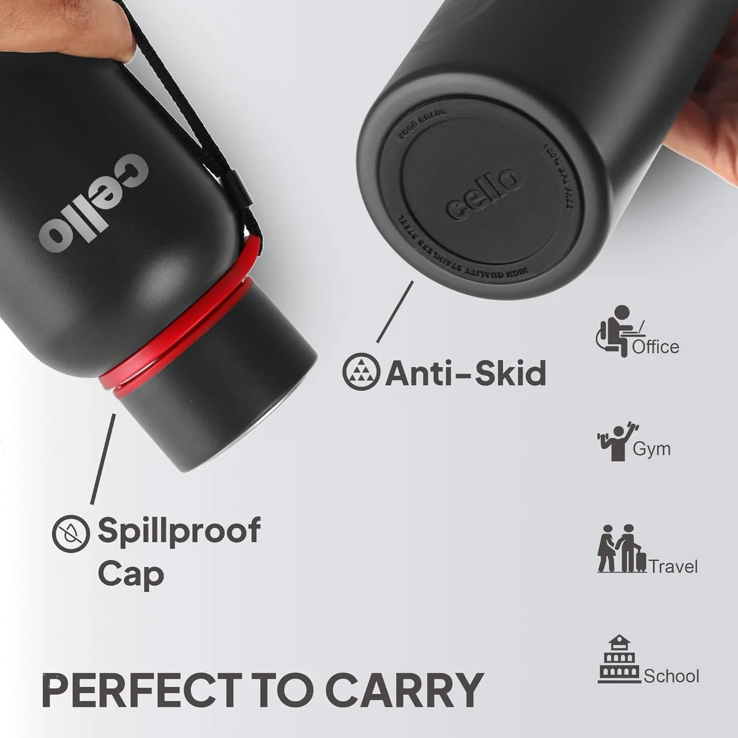 Cello Duro Tuff Steel Stainless Kent Flask | Hot and Cold Stainless Steel Water Bottle | Leak Proof | Scratch Resistant | Vacuum Insulated Bottle for Travel, Home, Office (25oz, Black)