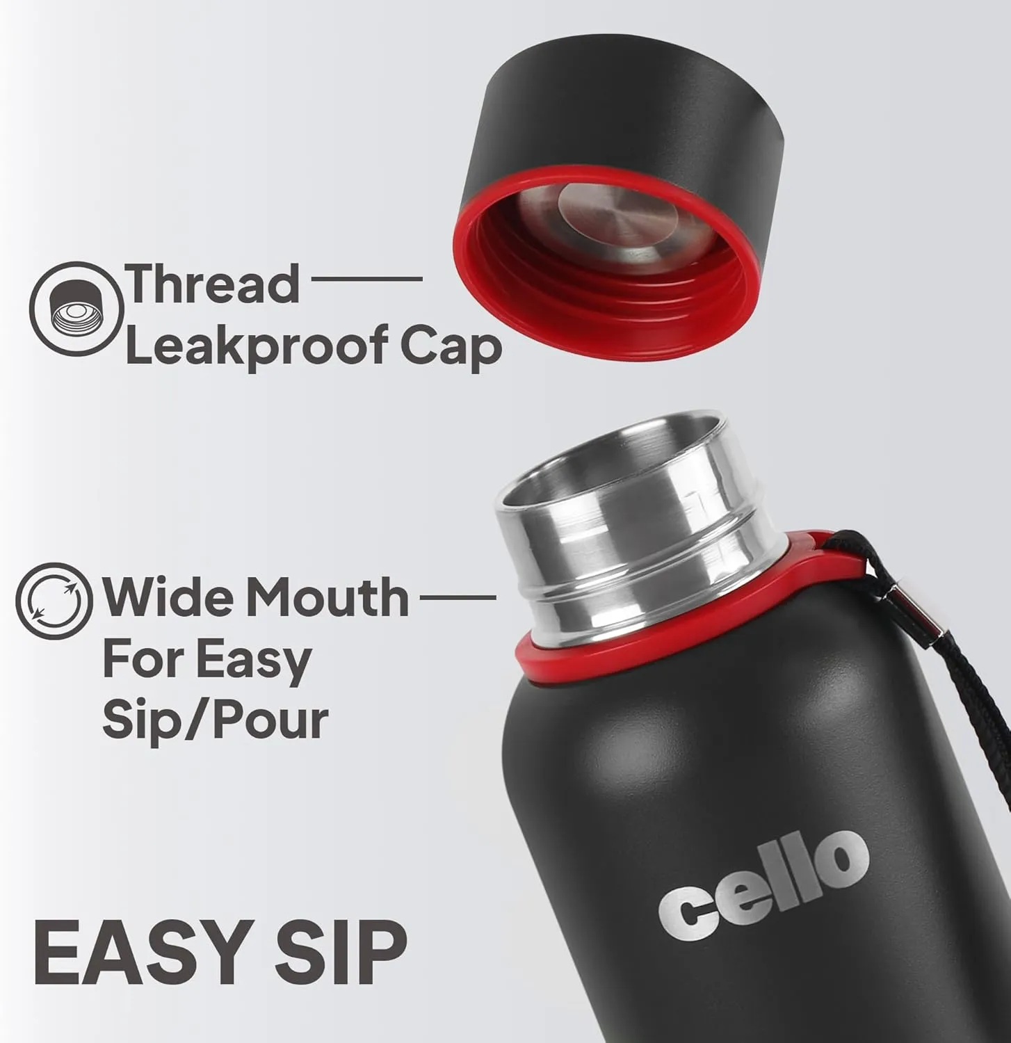 Cello Duro Tuff Steel Stainless Kent Flask | Hot and Cold Stainless Steel Water Bottle | Leak Proof | Scratch Resistant | Vacuum Insulated Bottle for Travel, Home, Office (25oz, Black)