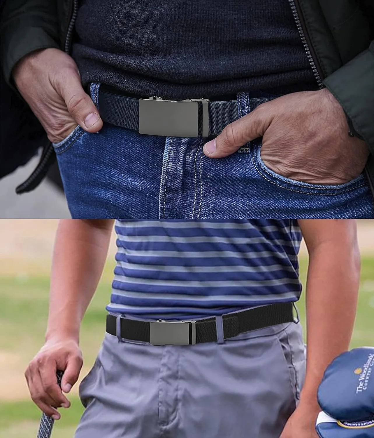 CHAOREN Elastic Belt for Men 2 Pack - Nylon Web Adjustable Belt 1 3/8" Fabric Golf Belt