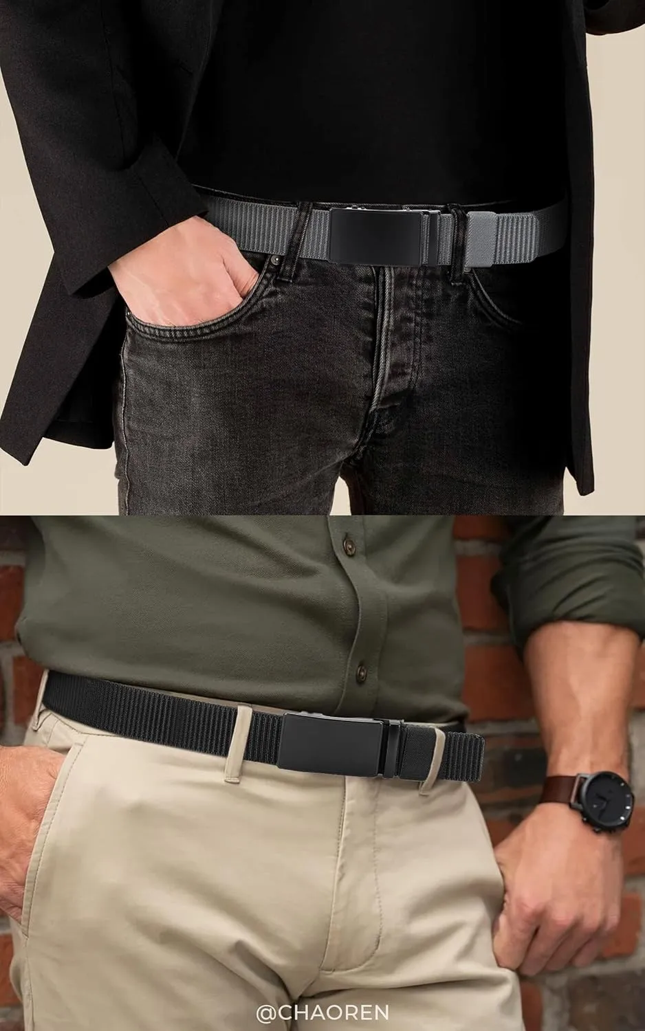 CHAOREN Ratchet Belts for Men 2 Pack - Casual Web Nylon Mens Belt 1 3/8" - Automatic Adjustable Buckle Fit Jeans