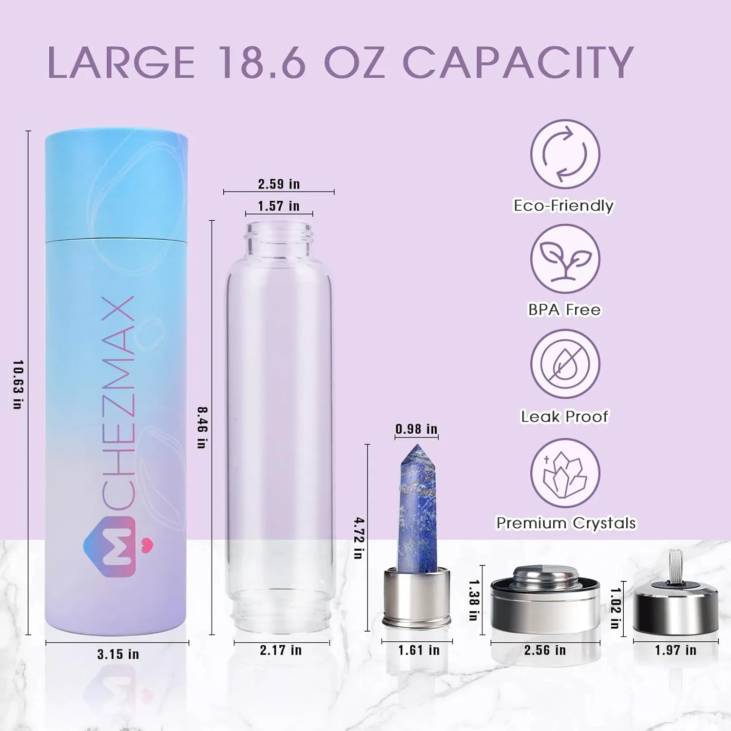 ChezMax Crystal Glass Water Bottle Energy Quartz Gemstone Water Bottle with Changeable Natural Crystal Center for Healing and Wellness Lapis Lazuli