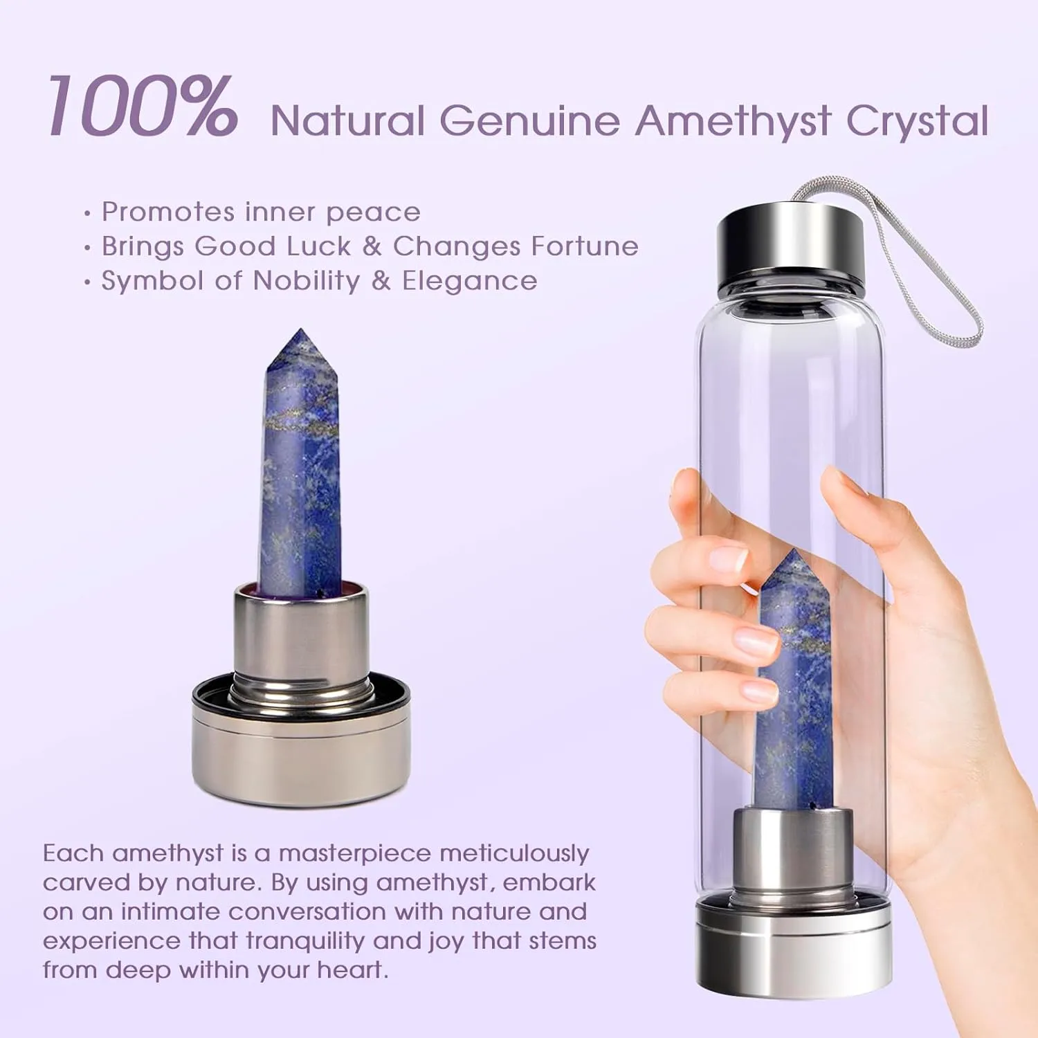 ChezMax Crystal Glass Water Bottle Energy Quartz Gemstone Water Bottle with Changeable Natural Crystal Center for Healing and Wellness Lapis Lazuli