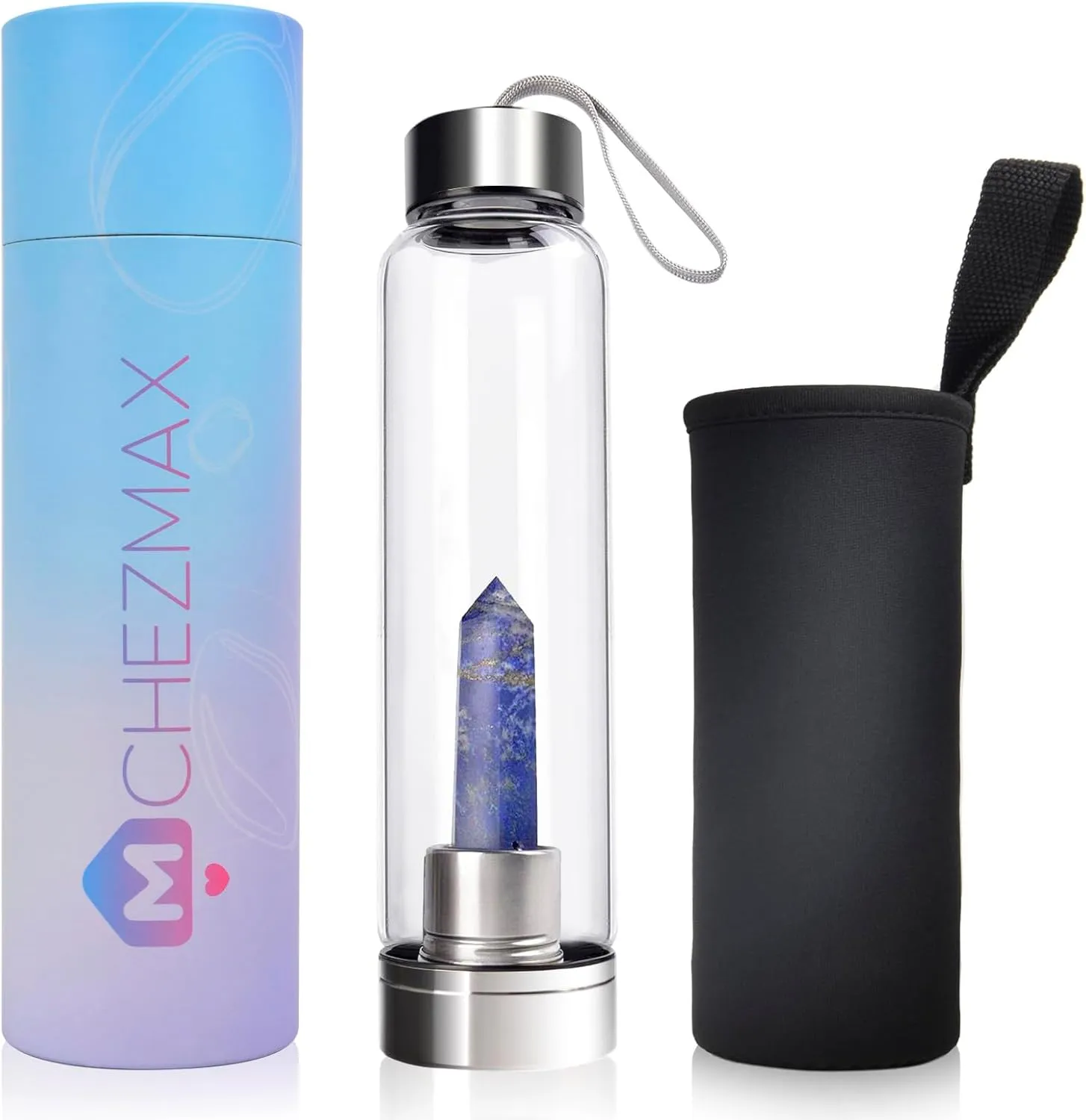 ChezMax Crystal Glass Water Bottle Energy Quartz Gemstone Water Bottle with Changeable Natural Crystal Center for Healing and Wellness Lapis Lazuli