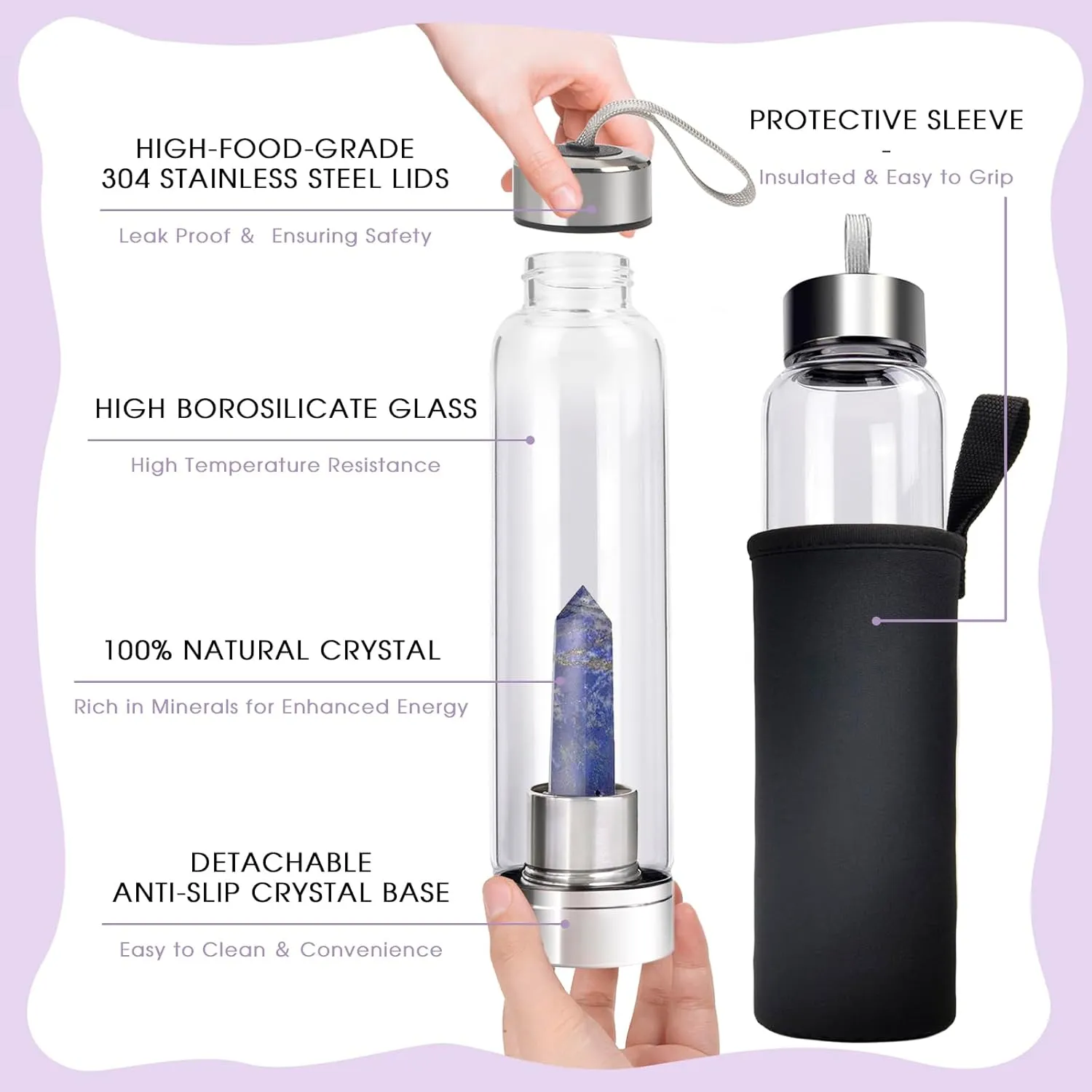 ChezMax Crystal Glass Water Bottle Energy Quartz Gemstone Water Bottle with Changeable Natural Crystal Center for Healing and Wellness Lapis Lazuli