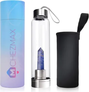 ChezMax Crystal Glass Water Bottle Energy Quartz Gemstone Water Bottle with Changeable Natural Crystal Center for Healing and Wellness Lapis Lazuli