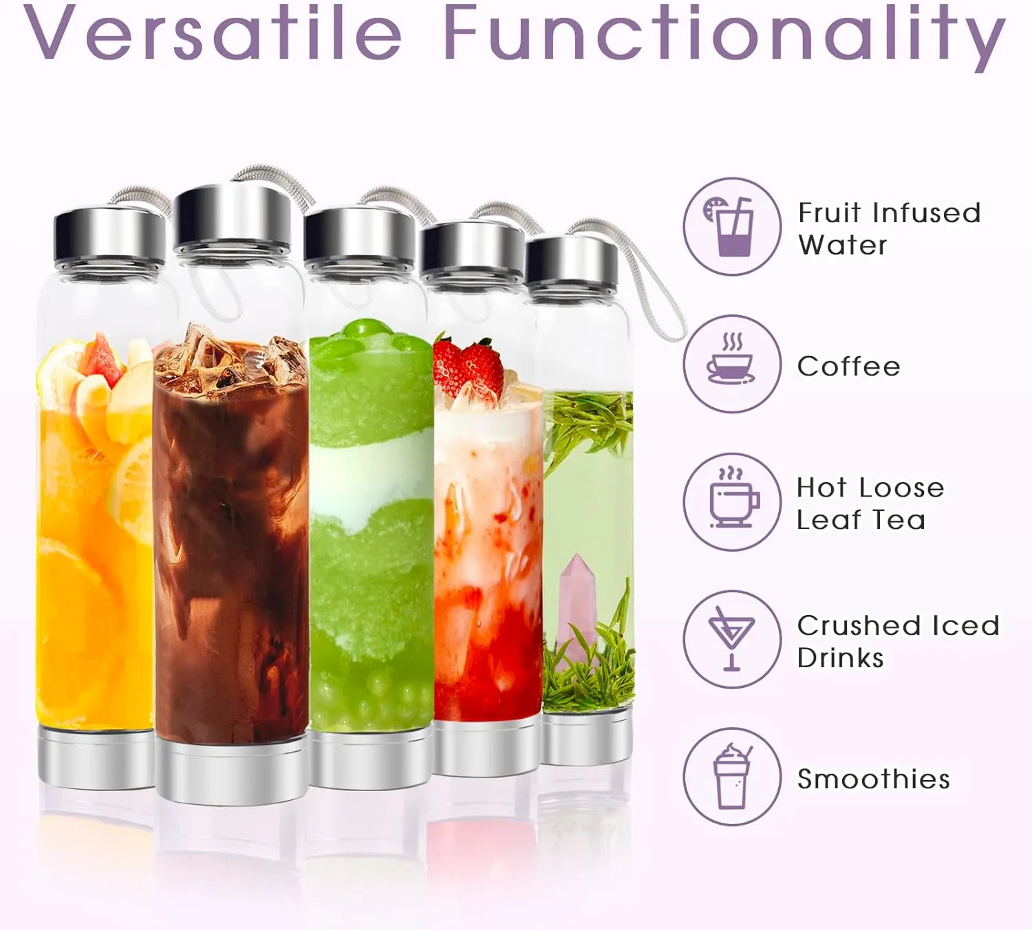 ChezMax Crystal Glass Water Bottle, Glass Water Bottle with Changeable Natural Crystal Center, Quartz Gemstone Water Bottle for Natural