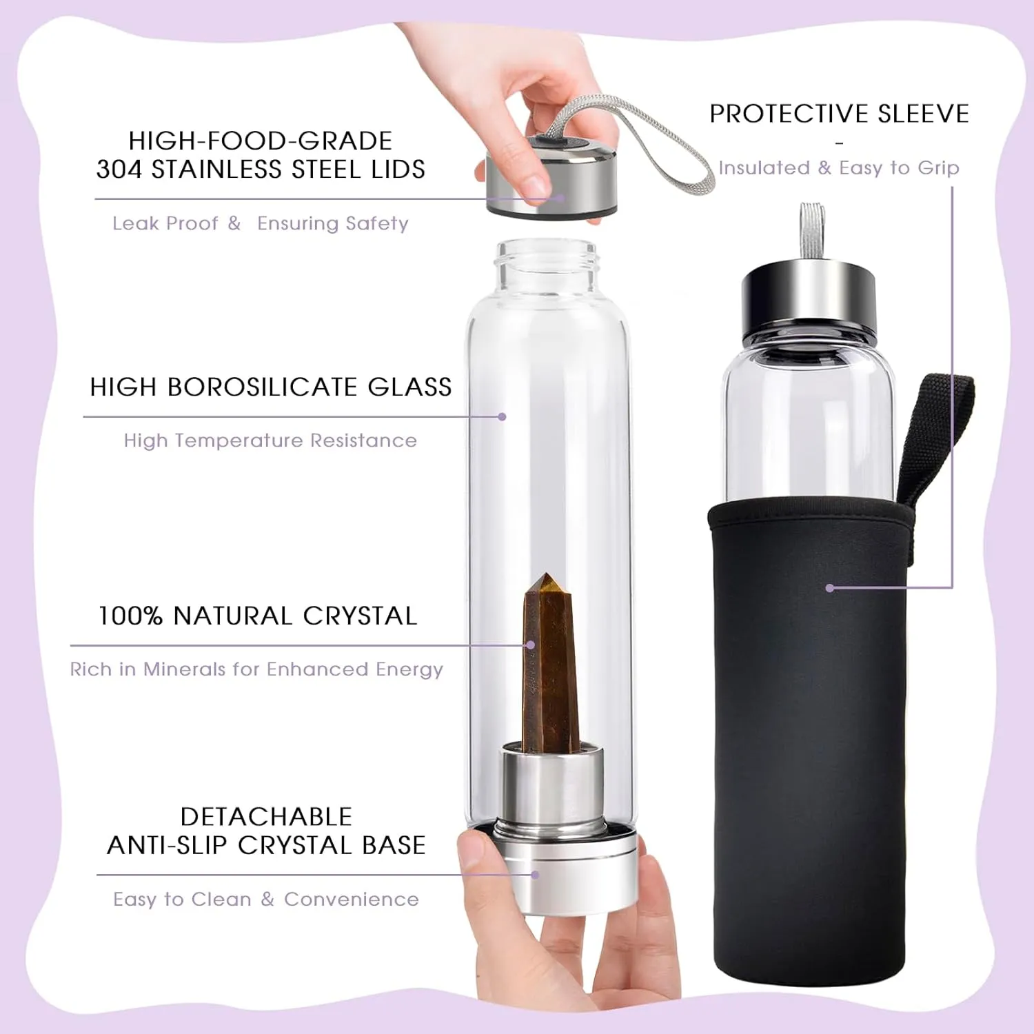 ChezMax Crystal Glass Water Bottle, Glass Water Bottle with Changeable Natural Crystal Center, Quartz Gemstone Water Bottle for Natural