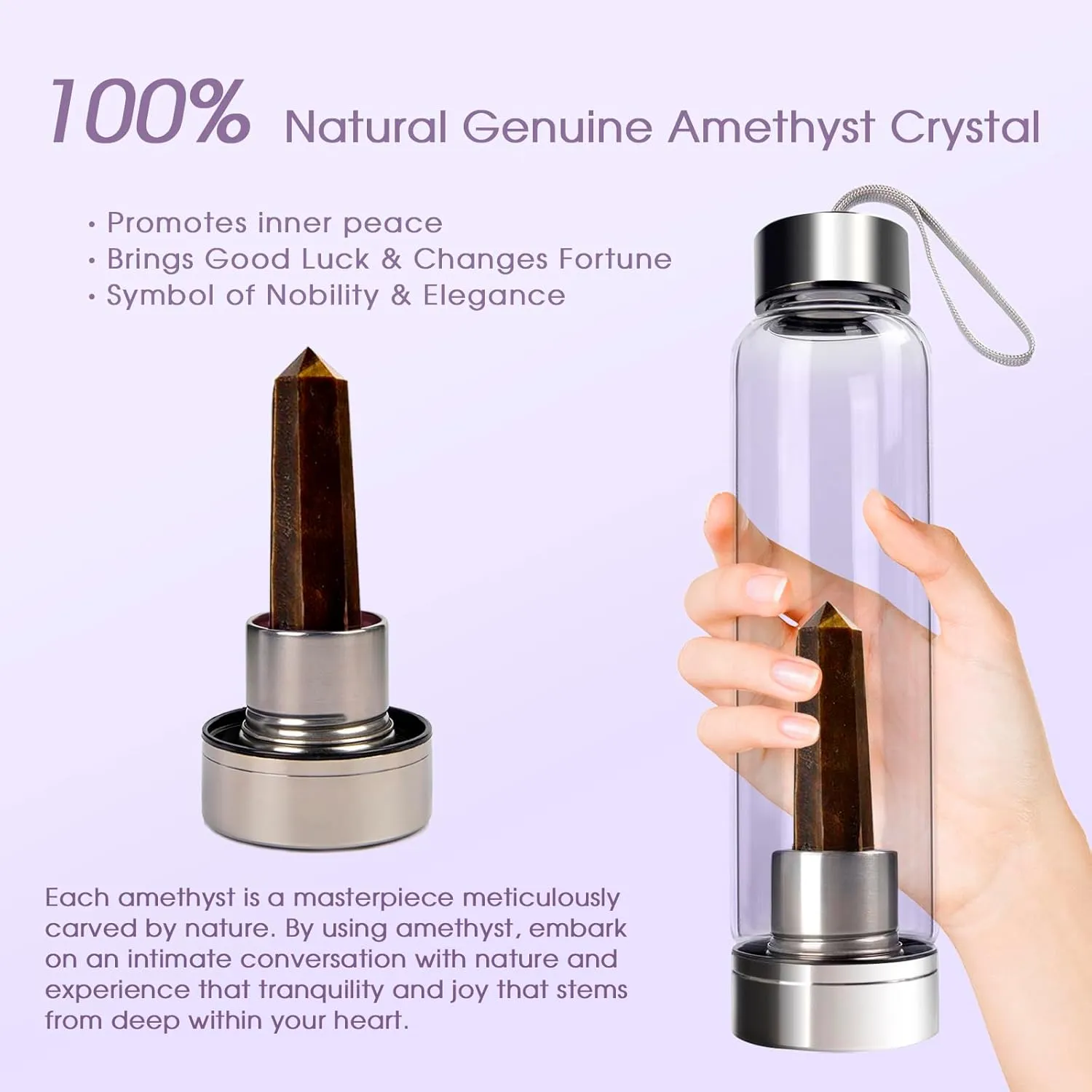 ChezMax Crystal Glass Water Bottle, Glass Water Bottle with Changeable Natural Crystal Center, Quartz Gemstone Water Bottle for Natural