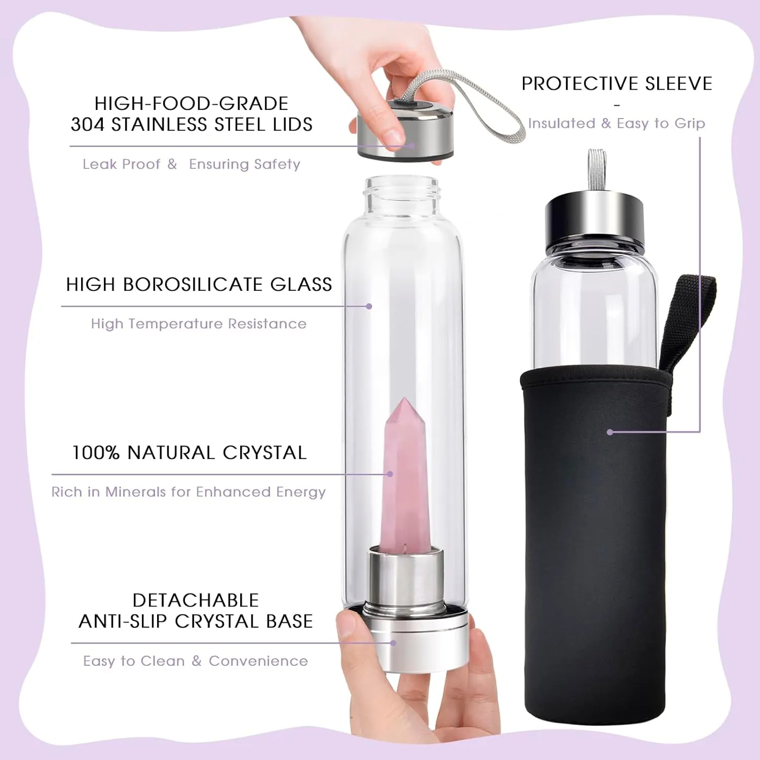 ChezMax Crystal Glass Water Bottle, Glass Water Bottle with Changeable Natural Crystal Center, Quartz Gemstone Water Bottle for Natural