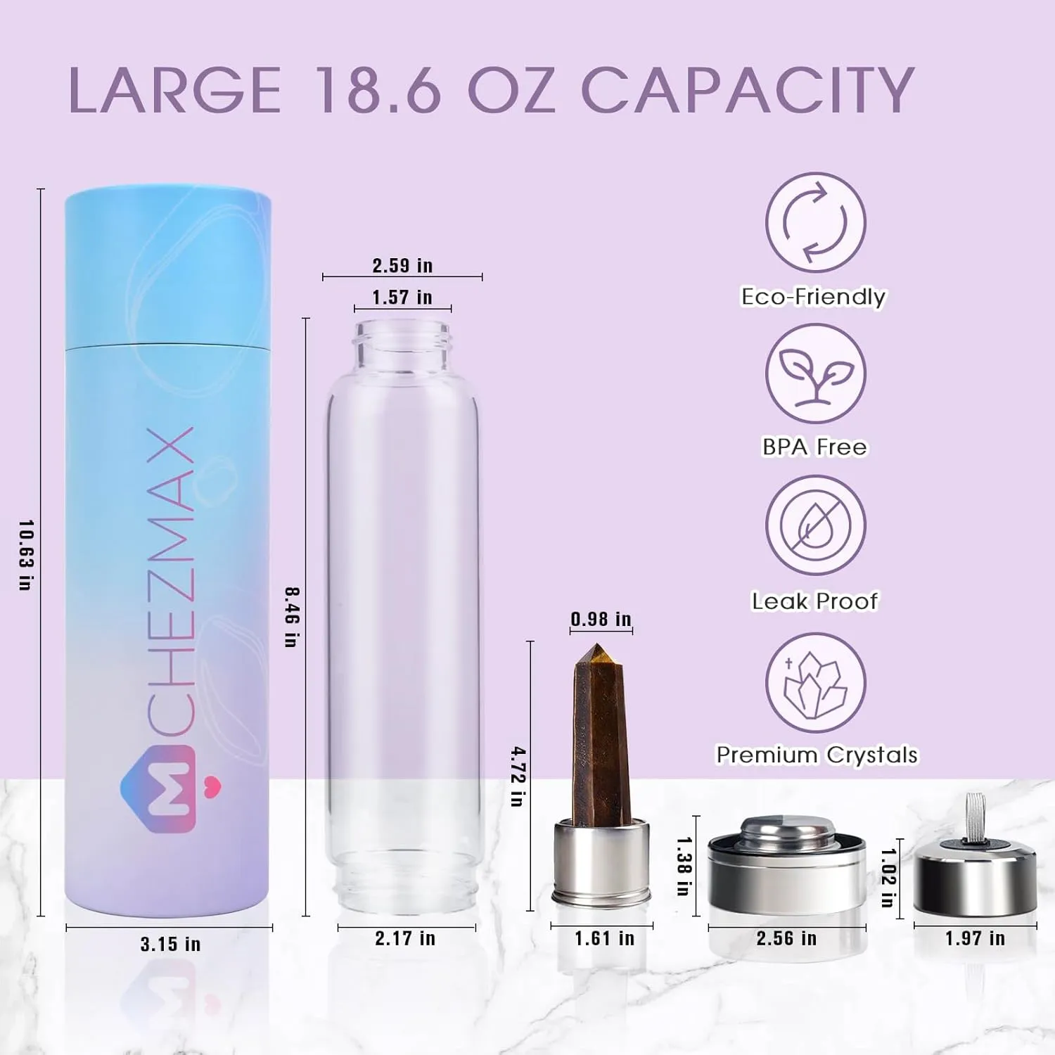 ChezMax Crystal Glass Water Bottle, Glass Water Bottle with Changeable Natural Crystal Center, Quartz Gemstone Water Bottle for Natural