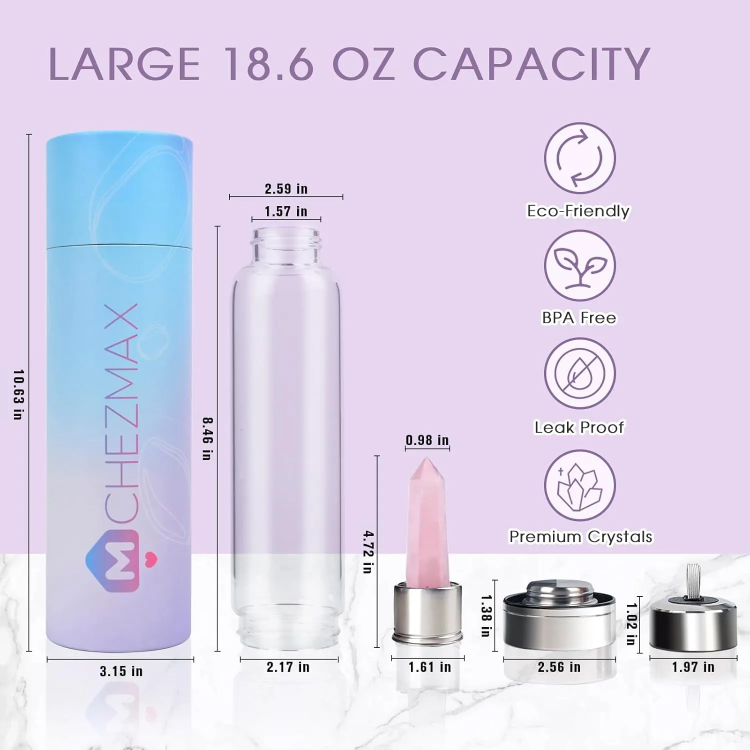 ChezMax Crystal Glass Water Bottle, Glass Water Bottle with Changeable Natural Crystal Center, Quartz Gemstone Water Bottle for Natural