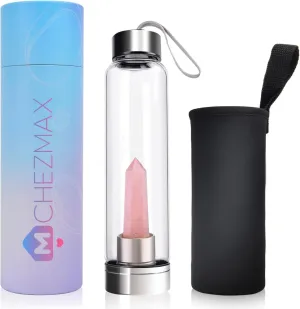 ChezMax Crystal Glass Water Bottle, Glass Water Bottle with Changeable Natural Crystal Center, Quartz Gemstone Water Bottle for Natural