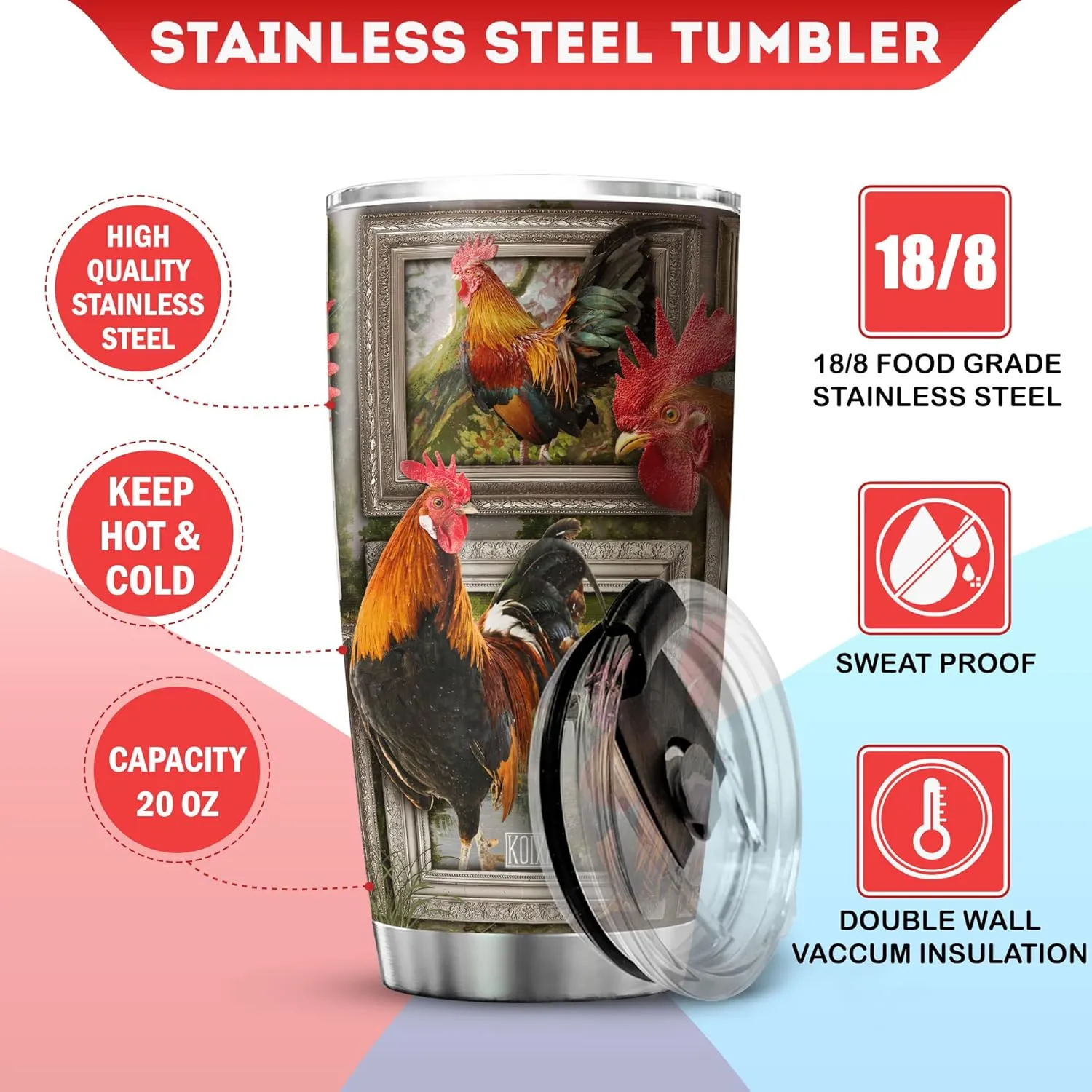 Chicken Tumbler For Chicken Lovers Insulated Rooster Cup With Lid 20 Oz Funny Farm Animal Print Stainless Steel Travel Coffee Mug With Chickens Birthday Present For Women
