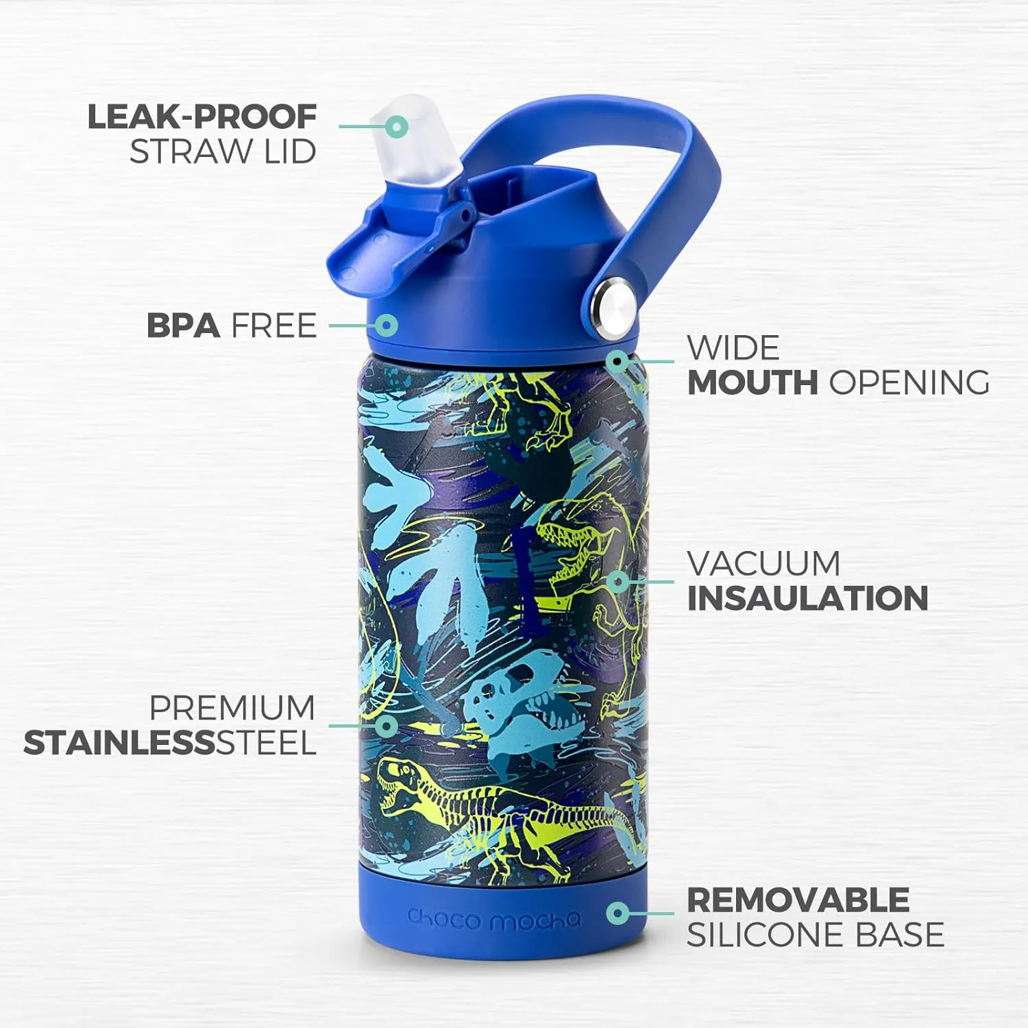 Choco Mocha Kids Water Bottle For School, Kids Insulated Water Bottle Stainless Steel for Boys,14Oz Black Lighting