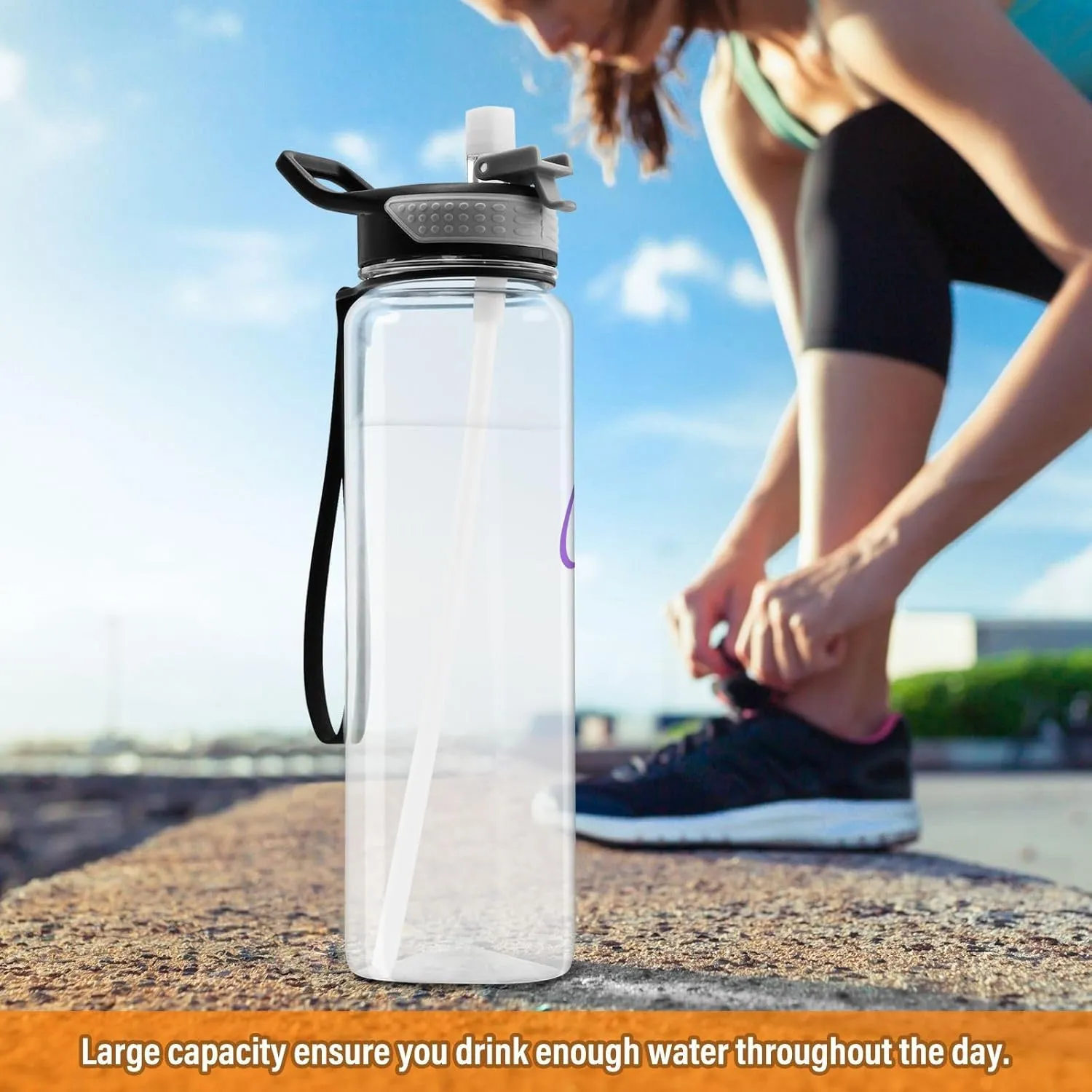 Clear Customized Water Bottles Sports Water Bottle with Straw Large Running Clear Water Bottle BPA Free Waterbottle for Travel Girls Boys Women Men Gym Hiking Leak Proof 32oz