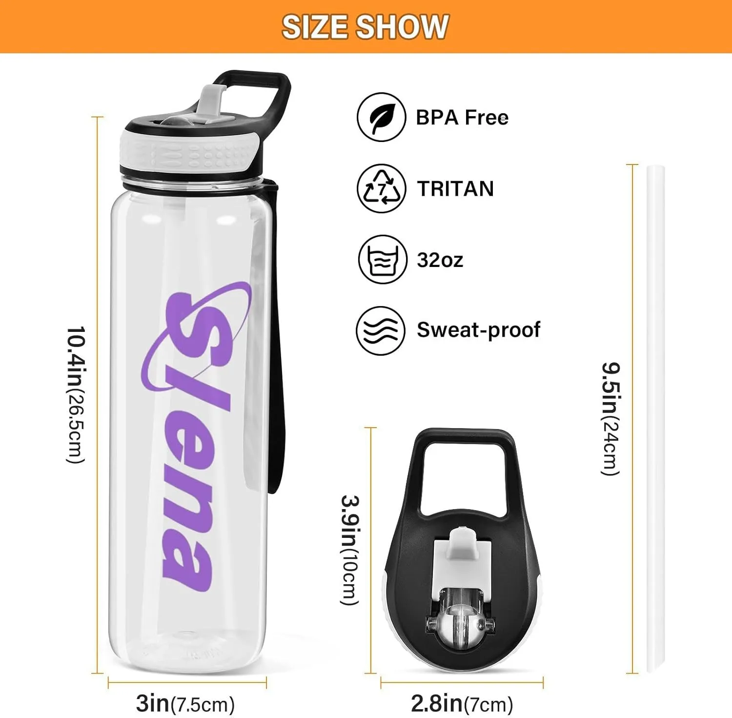 Clear Customized Water Bottles Sports Water Bottle with Straw Large Running Clear Water Bottle BPA Free Waterbottle for Travel Girls Boys Women Men Gym Hiking Leak Proof 32oz