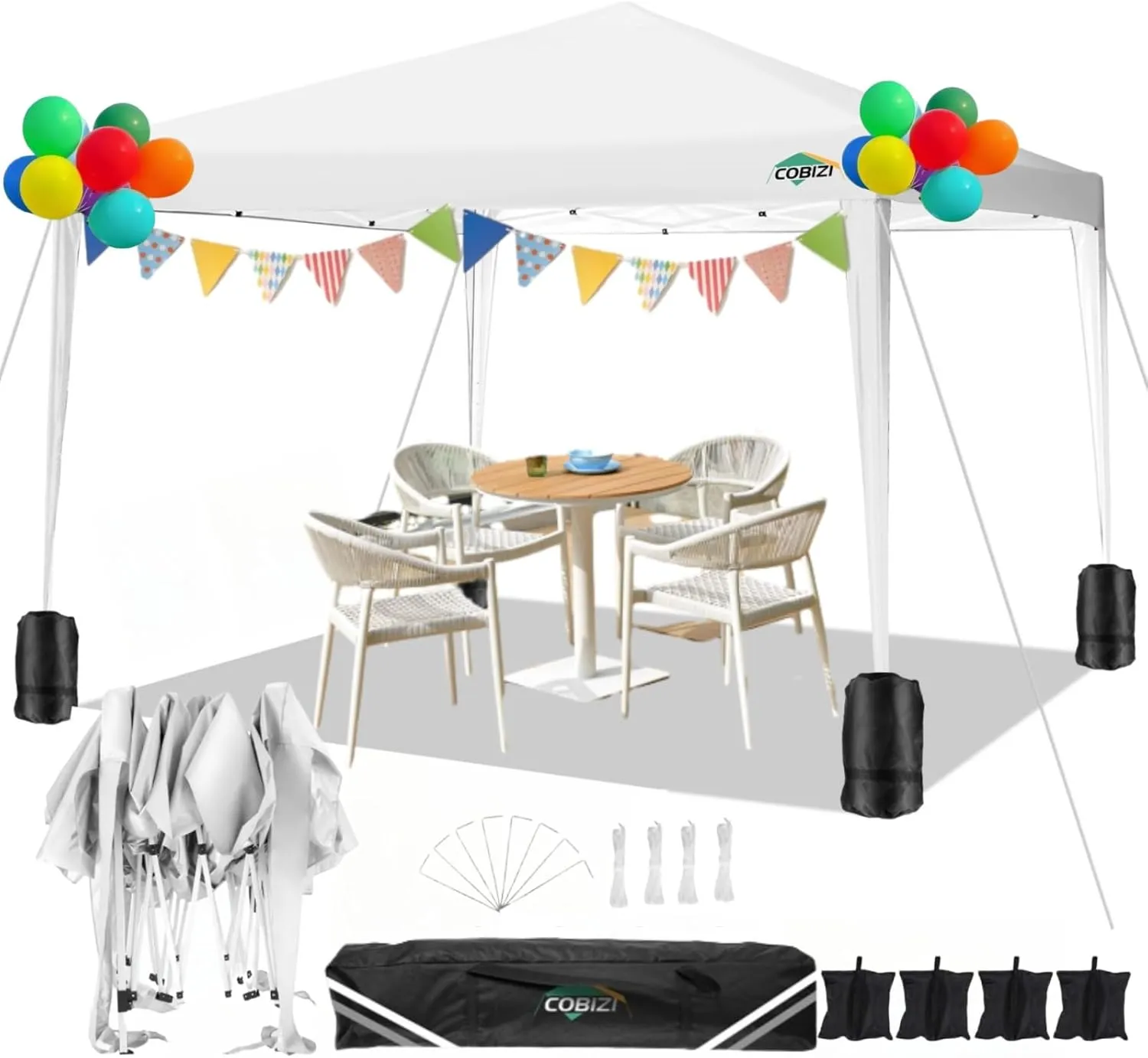COBIZI 10x10 Pop Up Canopy Tent with 4 Sandbags, Easy Set Up Tent, Instant Outdoor Sun Shelter Canopy with 8 Stakes,4 Ropes&Carry Bag, Tent for Parties, Beach, Backyard,Camping（White