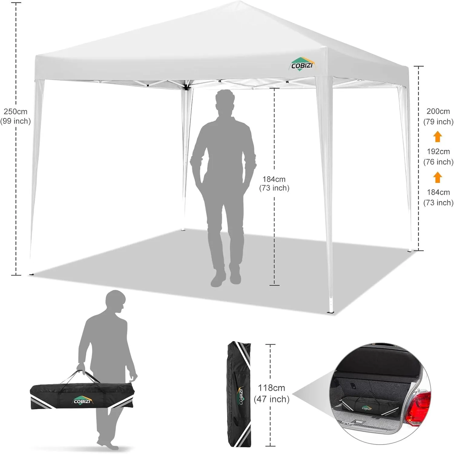 COBIZI 10x10 Pop Up Canopy Tent with 4 Sandbags, Easy Set Up Tent, Instant Outdoor Sun Shelter Canopy with 8 Stakes,4 Ropes&Carry Bag, Tent for Parties, Beach, Backyard,Camping（White