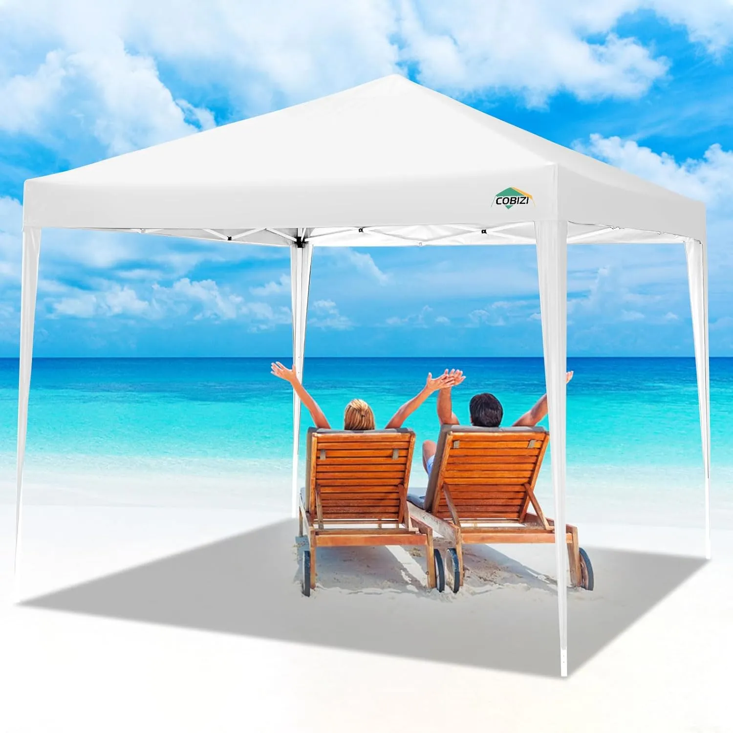 COBIZI 10x10 Pop Up Canopy Tent with 4 Sandbags, Easy Set Up Tent, Instant Outdoor Sun Shelter Canopy with 8 Stakes,4 Ropes&Carry Bag, Tent for Parties, Beach, Backyard,Camping（White