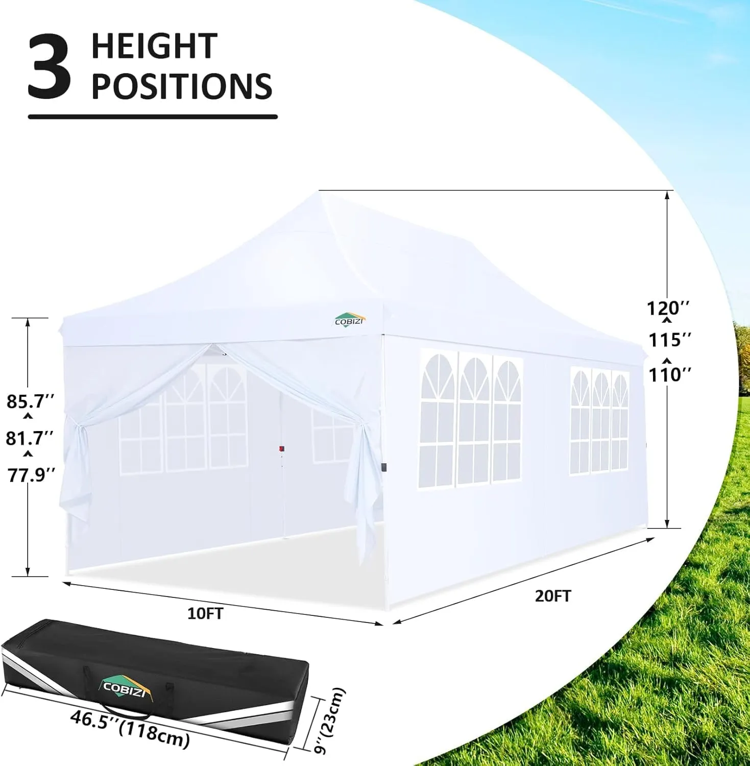 COBIZI 10x20 Pop Up Canopy with 6 Sidewalls, Conical Party Tent 10x20 with 3 Adjustable Height Waterproof, UV-Resistant with Carry Bag, Sandbag, Stake, Ropes for Parties, Commercial (Frame Upgraded)