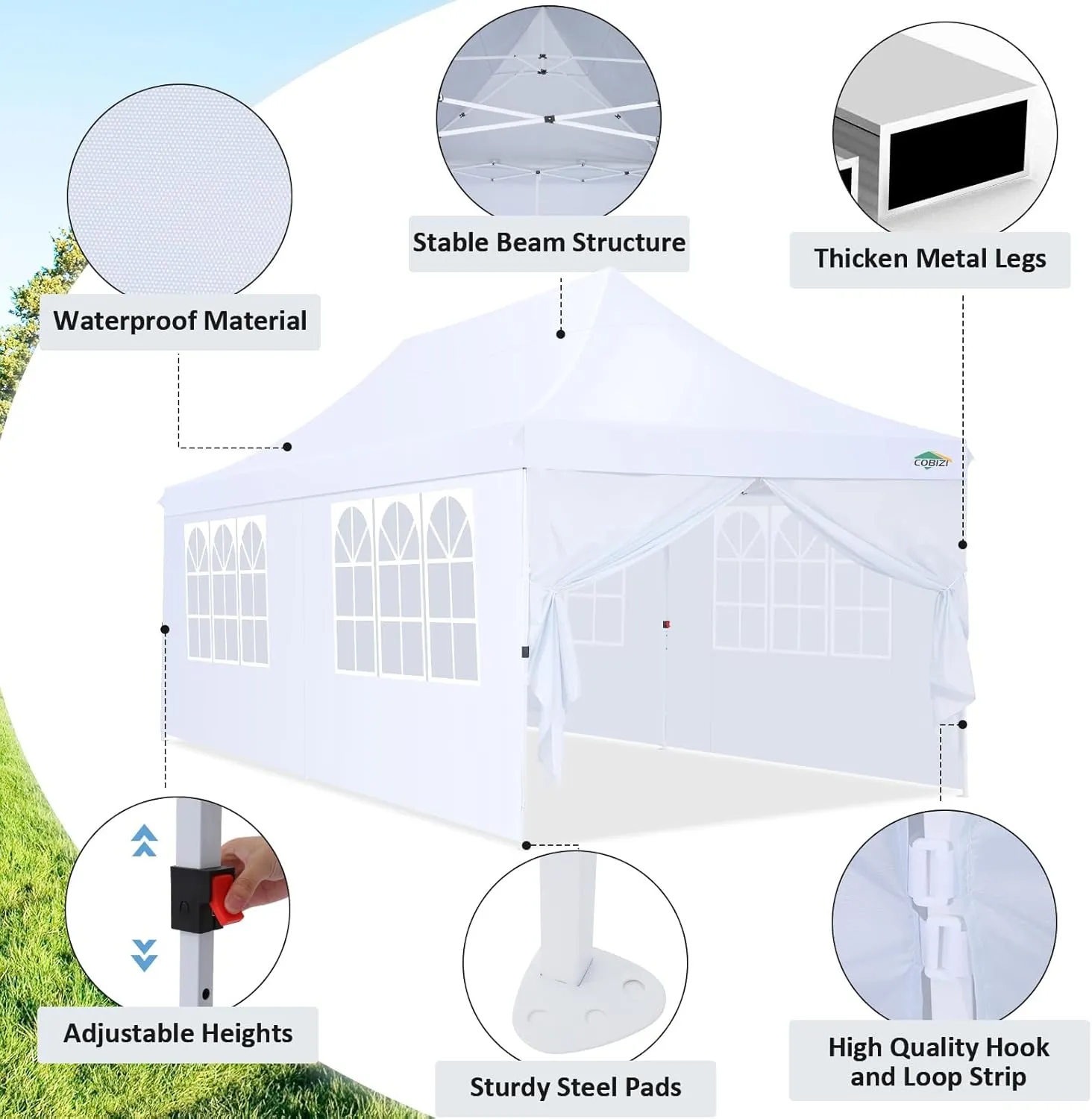 COBIZI 10x20 Pop Up Canopy with 6 Sidewalls, Conical Party Tent 10x20 with 3 Adjustable Height Waterproof, UV-Resistant with Carry Bag, Sandbag, Stake, Ropes for Parties, Commercial (Frame Upgraded)