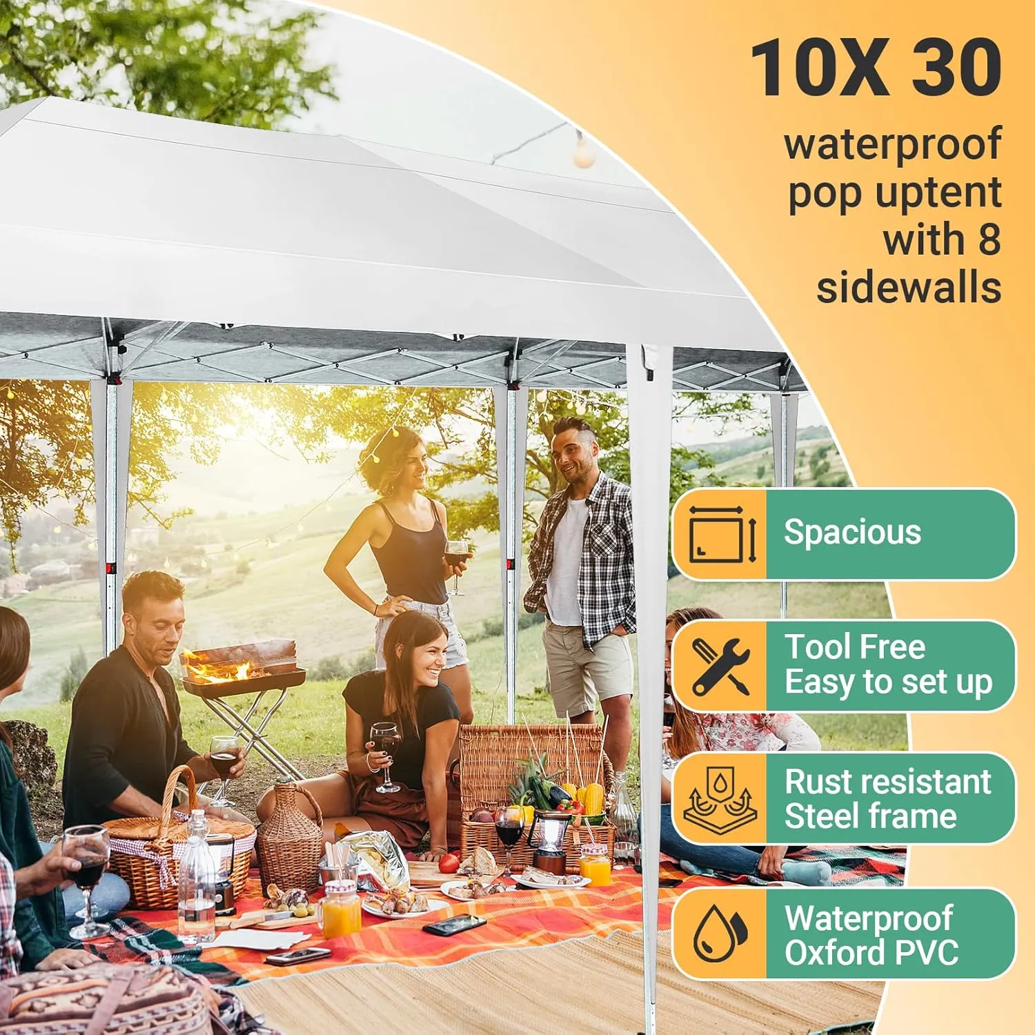 COBIZI 10x30 Canopy Party Tent with 5 Walls 10x30 Pop Up Tent for Parties Waterproof UPF 50  Outdoor Commercial Event Tent for Party Backyard Gazebo Canopy with Sidewalls & Sandbags(10x30ft)