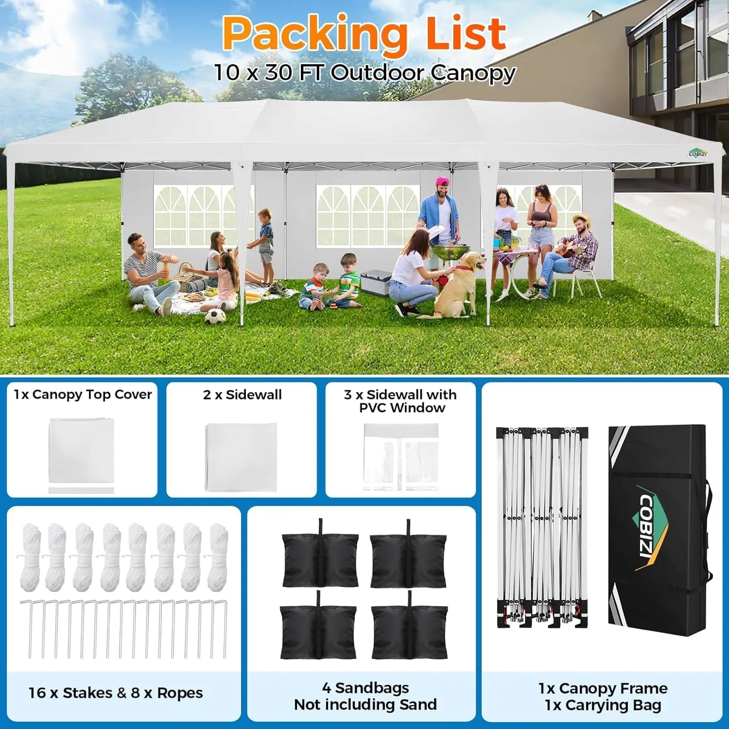 COBIZI 10x30 Canopy Party Tent with 5 Walls 10x30 Pop Up Tent for Parties Waterproof UPF 50  Outdoor Commercial Event Tent for Party Backyard Gazebo Canopy with Sidewalls & Sandbags(10x30ft)