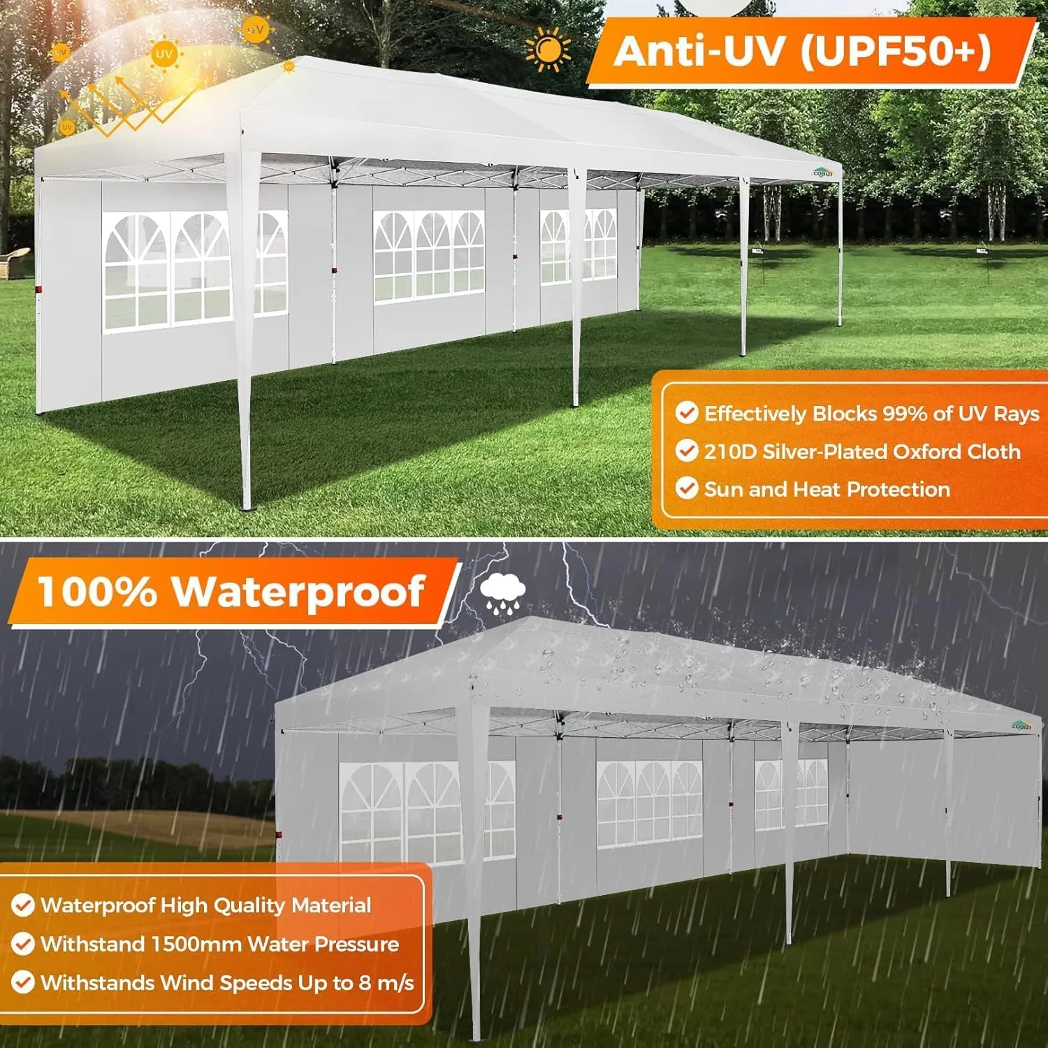 COBIZI 10x30 Canopy Party Tent with 5 Walls 10x30 Pop Up Tent for Parties Waterproof UPF 50  Outdoor Commercial Event Tent for Party Backyard Gazebo Canopy with Sidewalls & Sandbags(10x30ft)