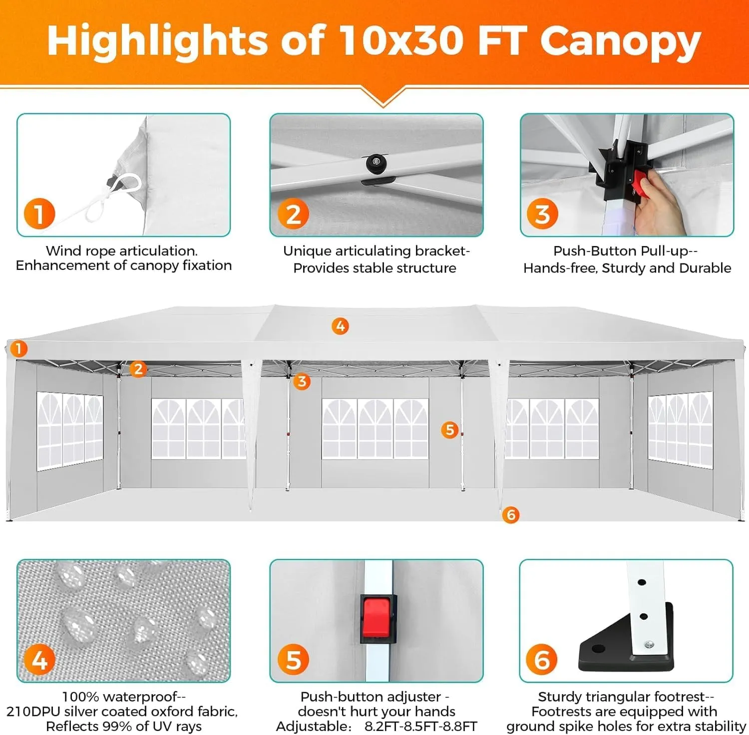 COBIZI 10x30 Canopy Party Tent with 5 Walls 10x30 Pop Up Tent for Parties Waterproof UPF 50  Outdoor Commercial Event Tent for Party Backyard Gazebo Canopy with Sidewalls & Sandbags(10x30ft)