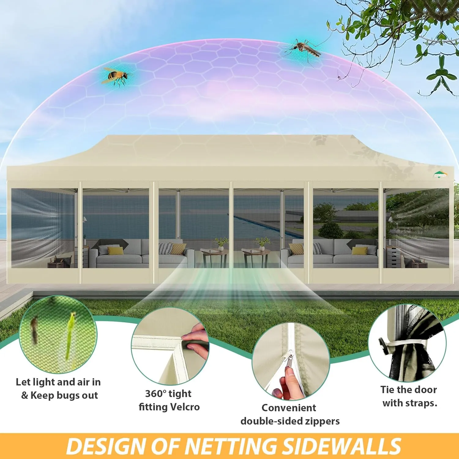 COBIZI 10x30 Canopy Tent with 8 Sidewalls,Heavy Duty Pop up Canopy Party Tent with Mosquito Netting,Easy up Screen Canopy for Parties Wedding Outdoor Patio with Roller Bag,Sandbag,Khaki