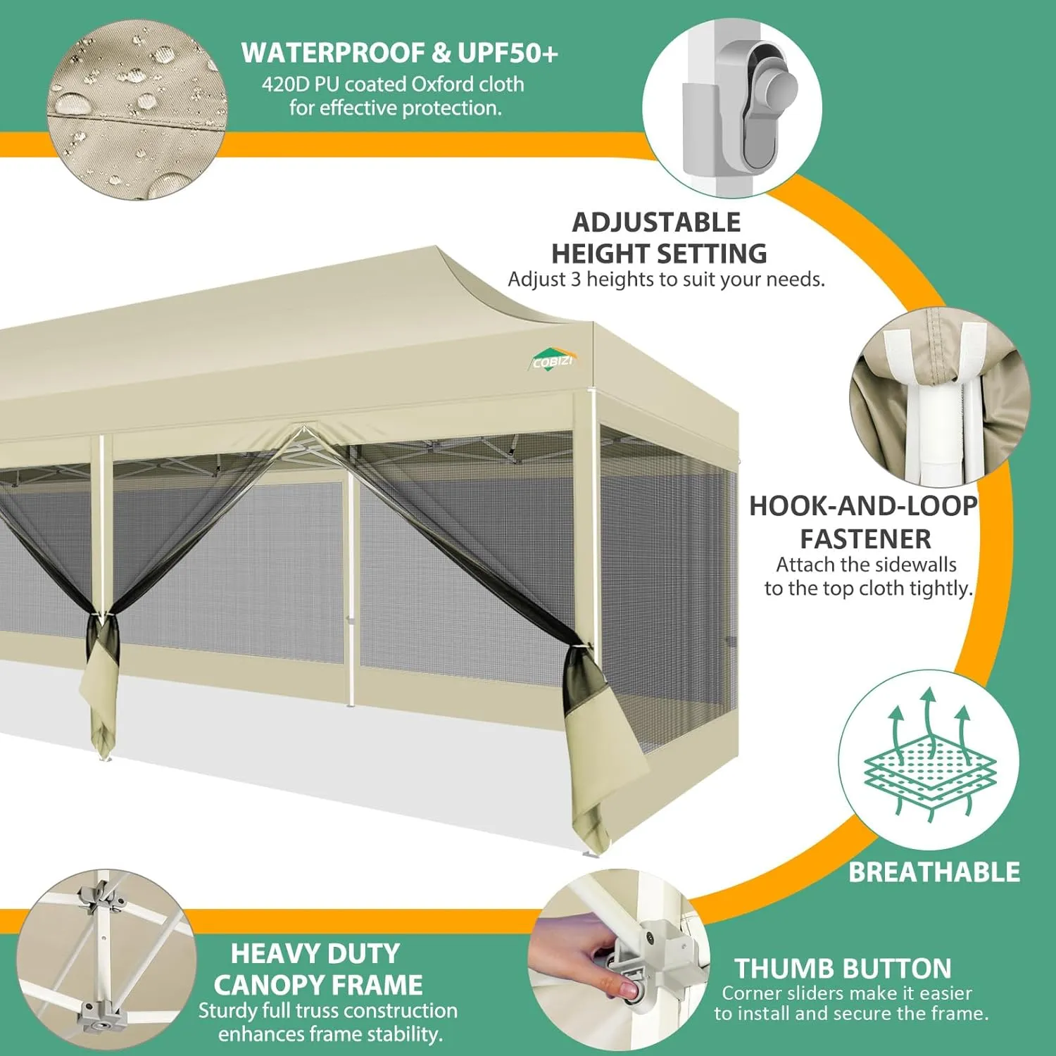COBIZI 10x30 Canopy Tent with 8 Sidewalls,Heavy Duty Pop up Canopy Party Tent with Mosquito Netting,Easy up Screen Canopy for Parties Wedding Outdoor Patio with Roller Bag,Sandbag,Khaki