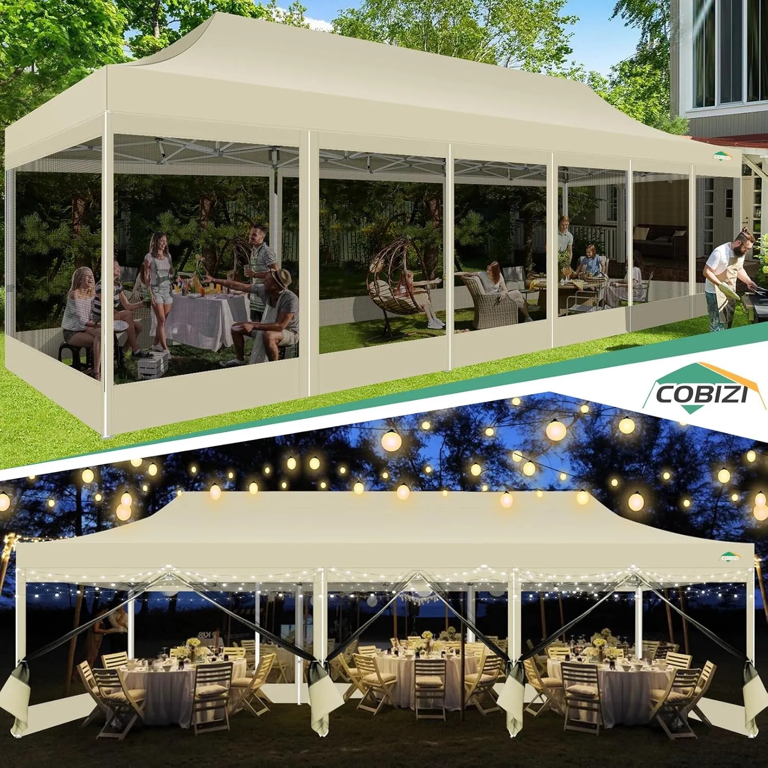 COBIZI 10x30 Canopy Tent with 8 Sidewalls,Heavy Duty Pop up Canopy Party Tent with Mosquito Netting,Easy up Screen Canopy for Parties Wedding Outdoor Patio with Roller Bag,Sandbag,Khaki