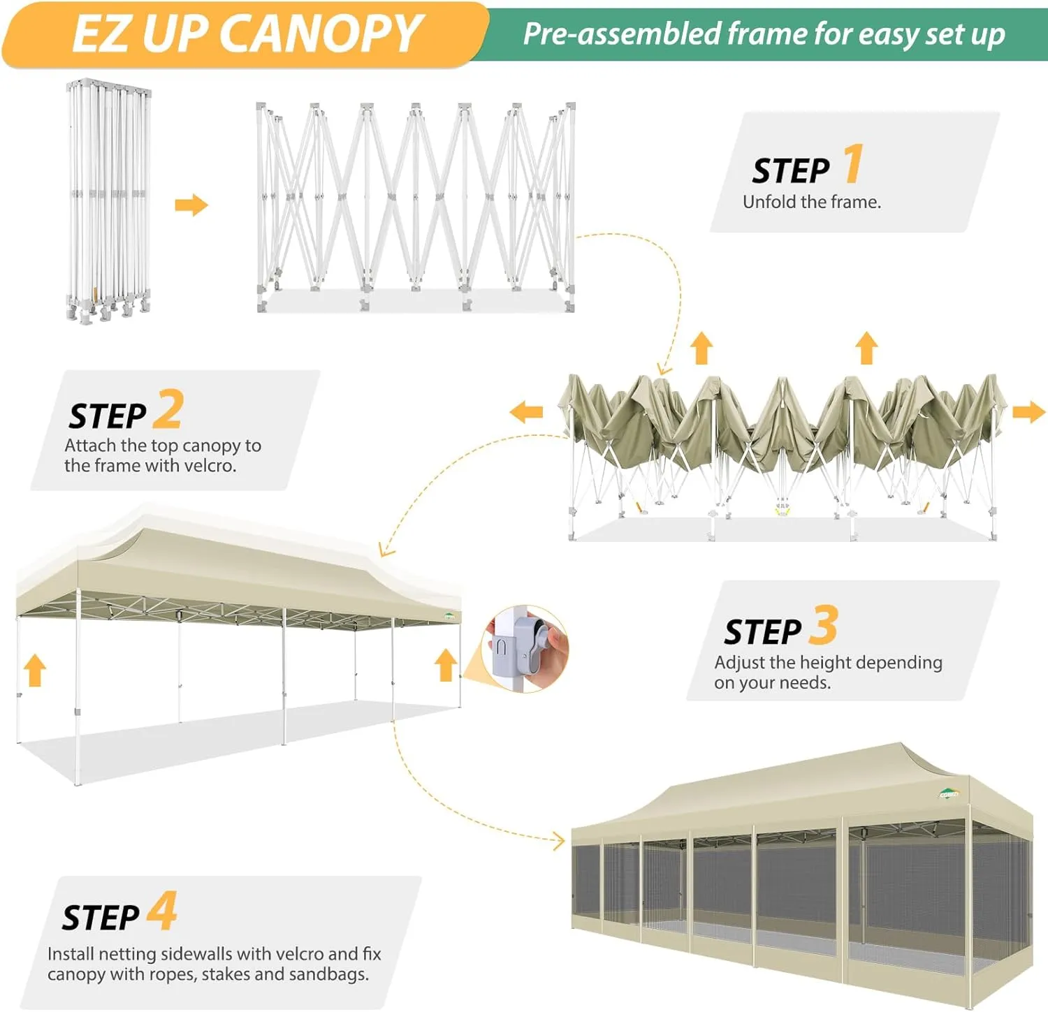COBIZI 10x30 Canopy Tent with 8 Sidewalls,Heavy Duty Pop up Canopy Party Tent with Mosquito Netting,Easy up Screen Canopy for Parties Wedding Outdoor Patio with Roller Bag,Sandbag,Khaki