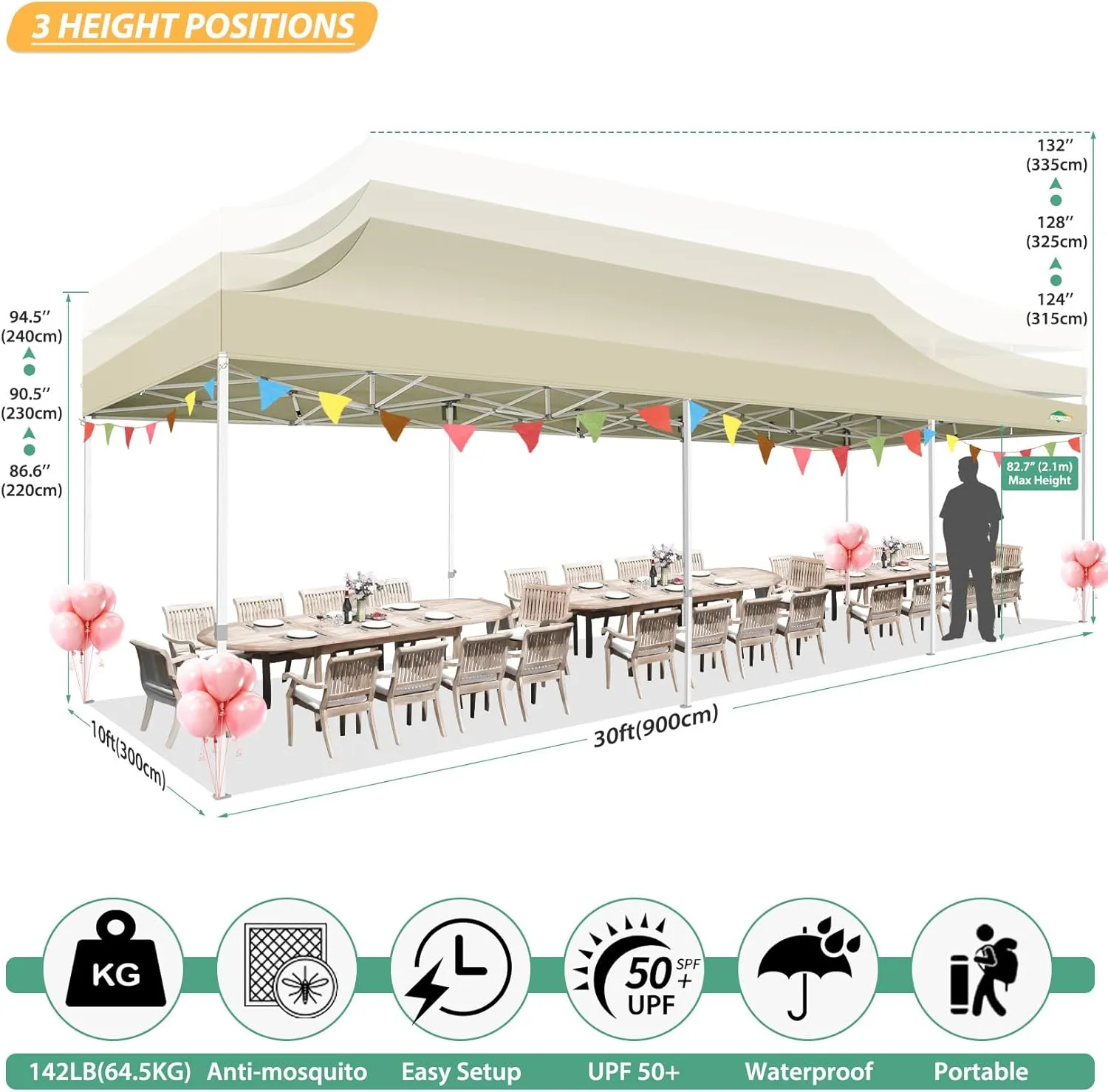 COBIZI 10x30 Canopy Tent with 8 Sidewalls,Heavy Duty Pop up Canopy Party Tent with Mosquito Netting,Easy up Screen Canopy for Parties Wedding Outdoor Patio with Roller Bag,Sandbag,Khaki