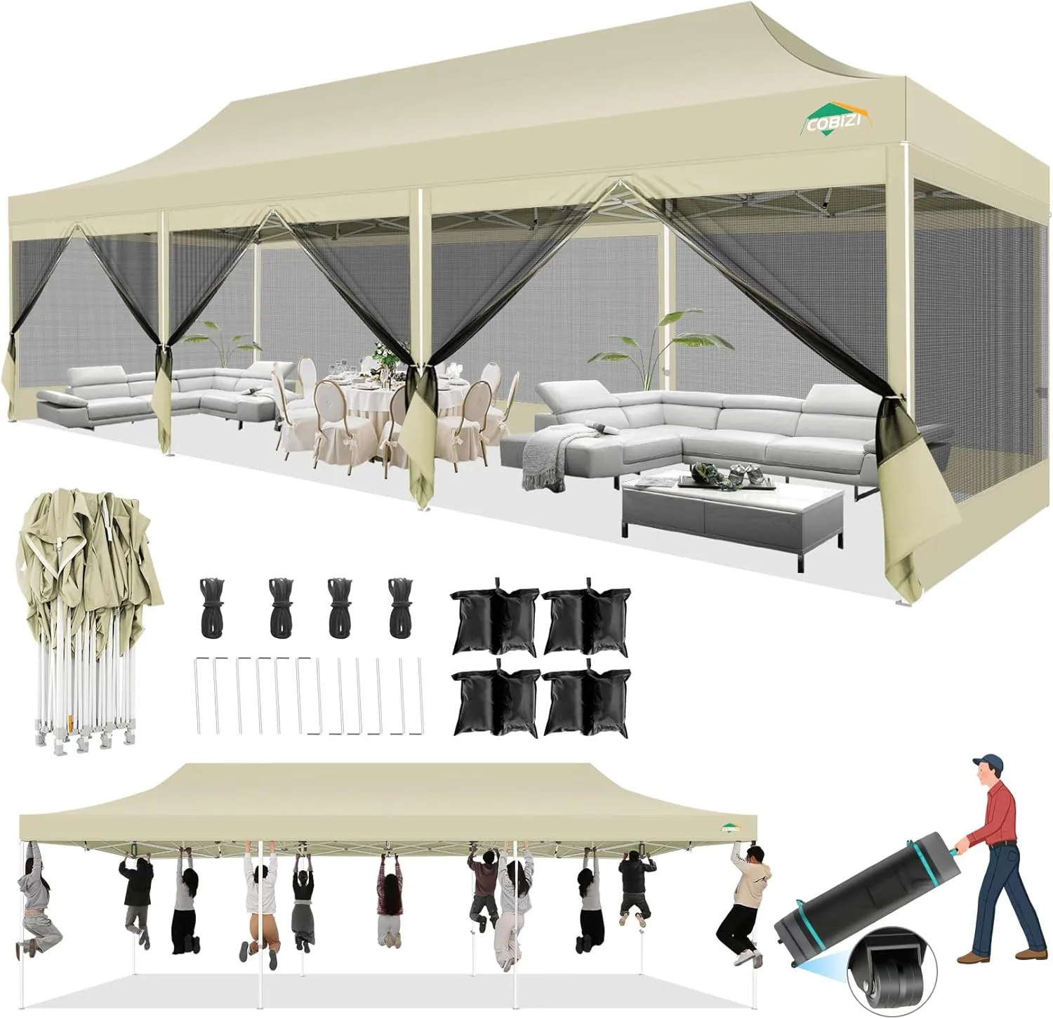 COBIZI 10x30 Canopy Tent with 8 Sidewalls,Heavy Duty Pop up Canopy Party Tent with Mosquito Netting,Easy up Screen Canopy for Parties Wedding Outdoor Patio with Roller Bag,Sandbag,Khaki