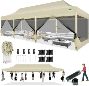 COBIZI 10x30 Canopy Tent with 8 Sidewalls,Heavy Duty Pop up Canopy Party Tent with Mosquito Netting,Easy up Screen Canopy for Parties Wedding Outdoor Patio with Roller Bag,Sandbag,Khaki