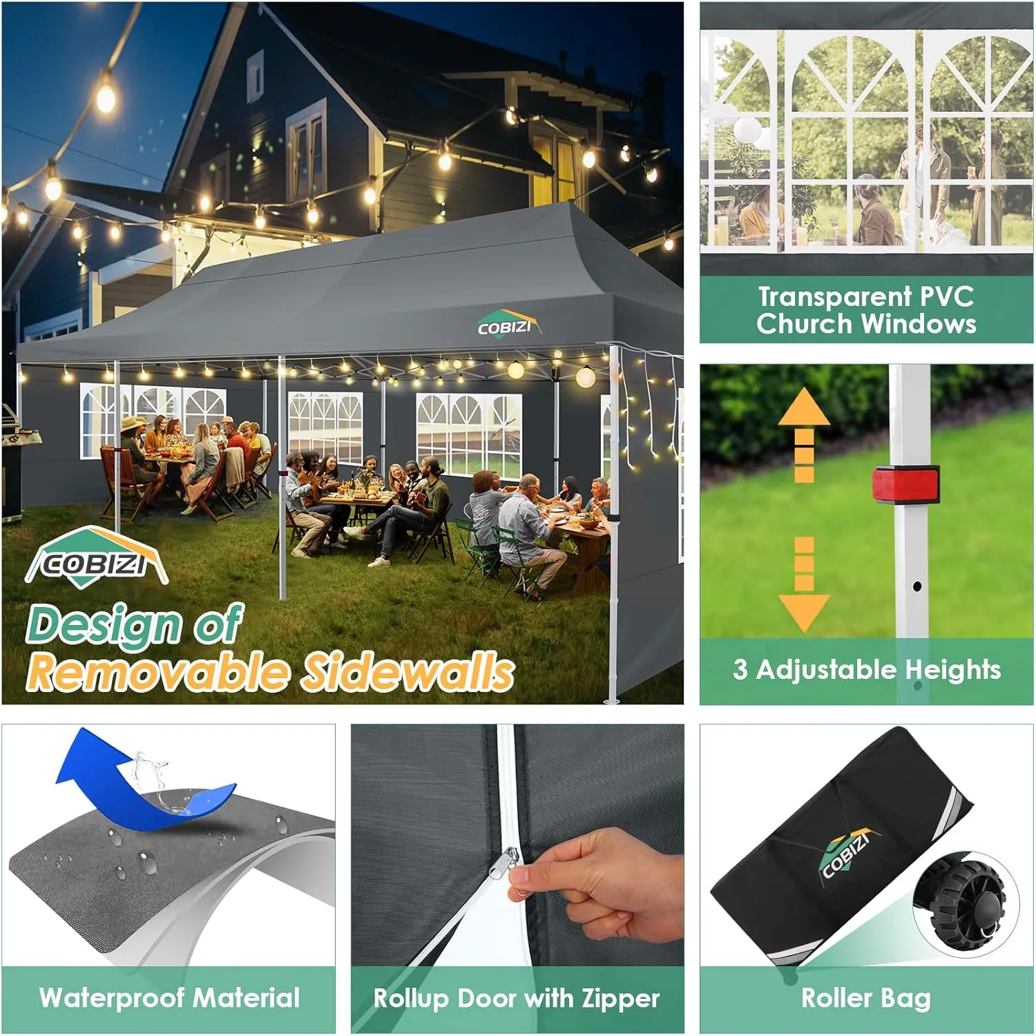 COBIZI 10x30 Pop Up Canopy Tent with 8 Removable Sidewalls, Easy Setup Canopy with Roller Bag & Sandbags，Waterproof and UPF50  Gazebo Tent, Outdoor Gazebo for BBQ Party Wedding Events Tent, Grey