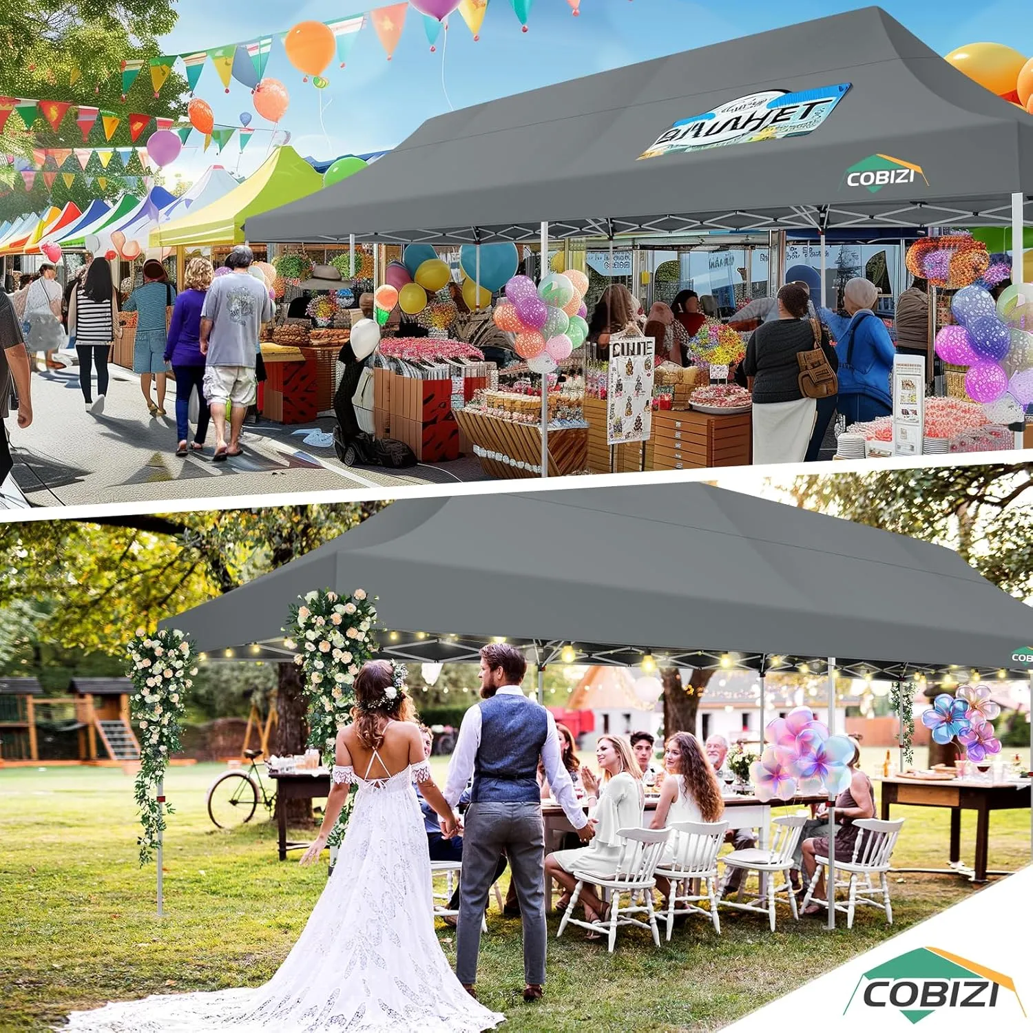 COBIZI 10x30 Pop Up Canopy Tent with 8 Removable Sidewalls, Easy Setup Canopy with Roller Bag & Sandbags，Waterproof and UPF50  Gazebo Tent, Outdoor Gazebo for BBQ Party Wedding Events Tent, Grey
