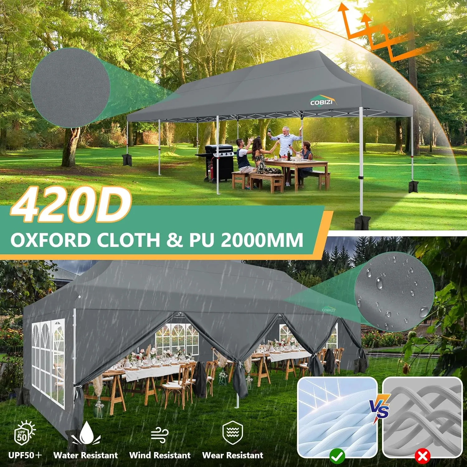 COBIZI 10x30 Pop Up Canopy Tent with 8 Removable Sidewalls, Easy Setup Canopy with Roller Bag & Sandbags，Waterproof and UPF50  Gazebo Tent, Outdoor Gazebo for BBQ Party Wedding Events Tent, Grey